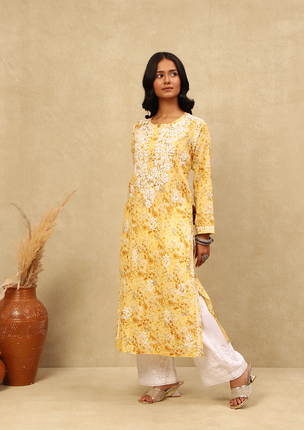 HOC Mulmul Chikankari Printed Women's Long Kurta -Yellow - Healthber
