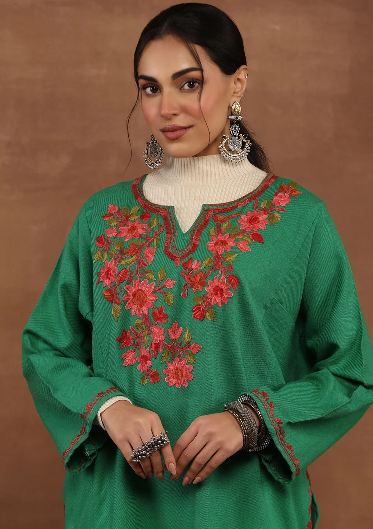 HOC Kashmiri Wool Aari Embroidered Solid Women's Phiran Kurta -Green - Healthber