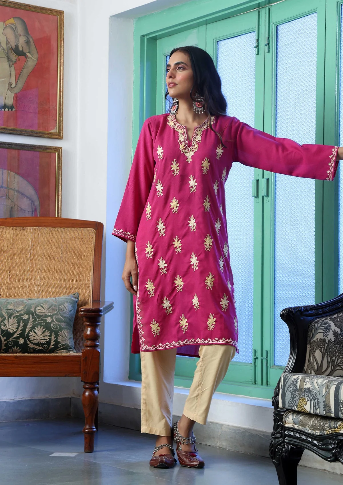 HOC Aari Embroidered Cotton Solid Women's Long Kurta - Pink - Healthber