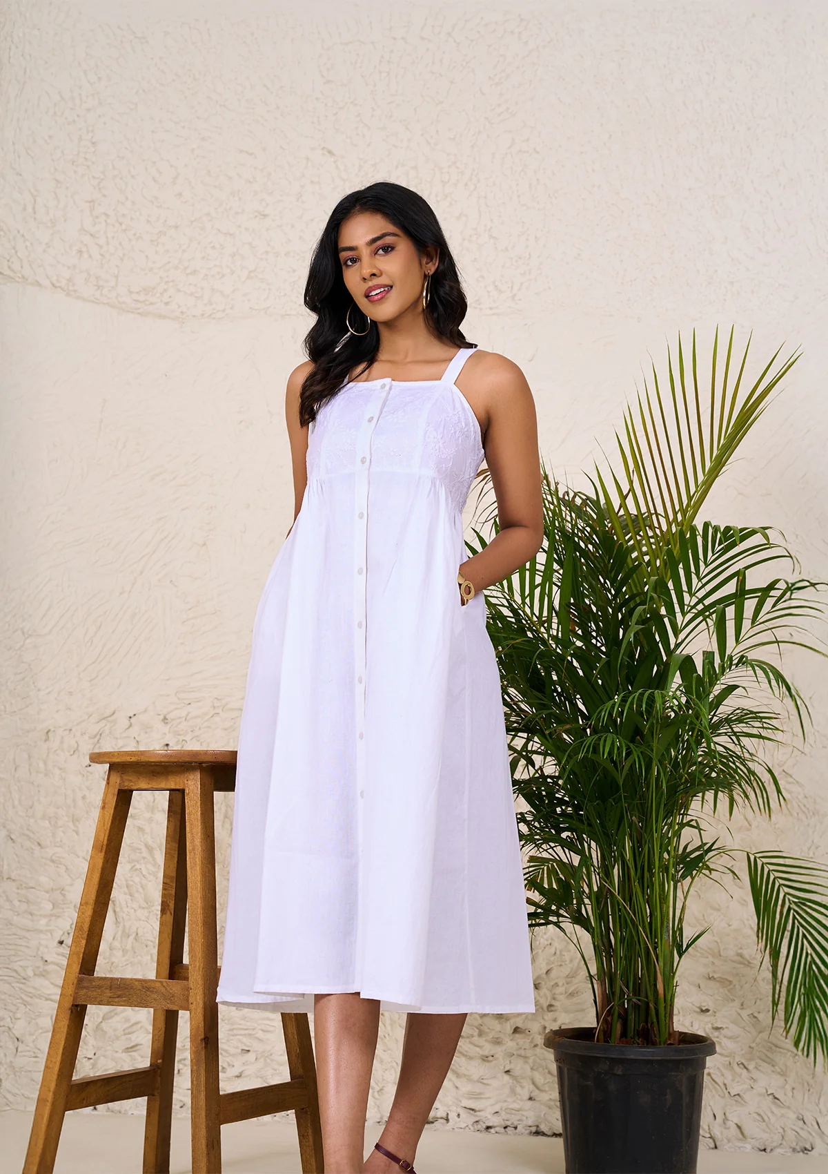 HOC Cotton Slub Chikankari Solid Women's Long Dress - White - Healthber