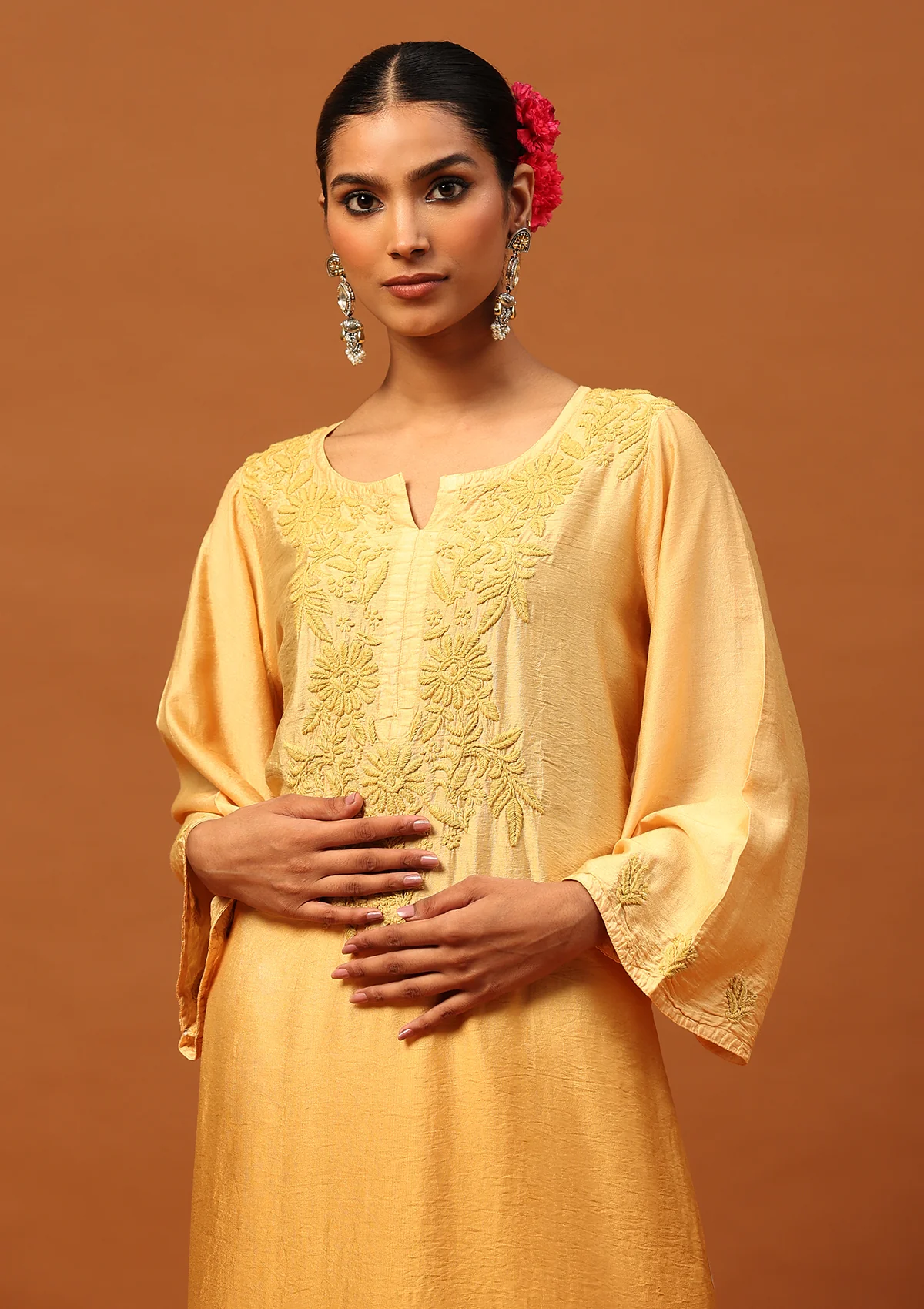 HOC Chanderi Chikankari Ombre Women's Long Kurta -Yellow - Healthber