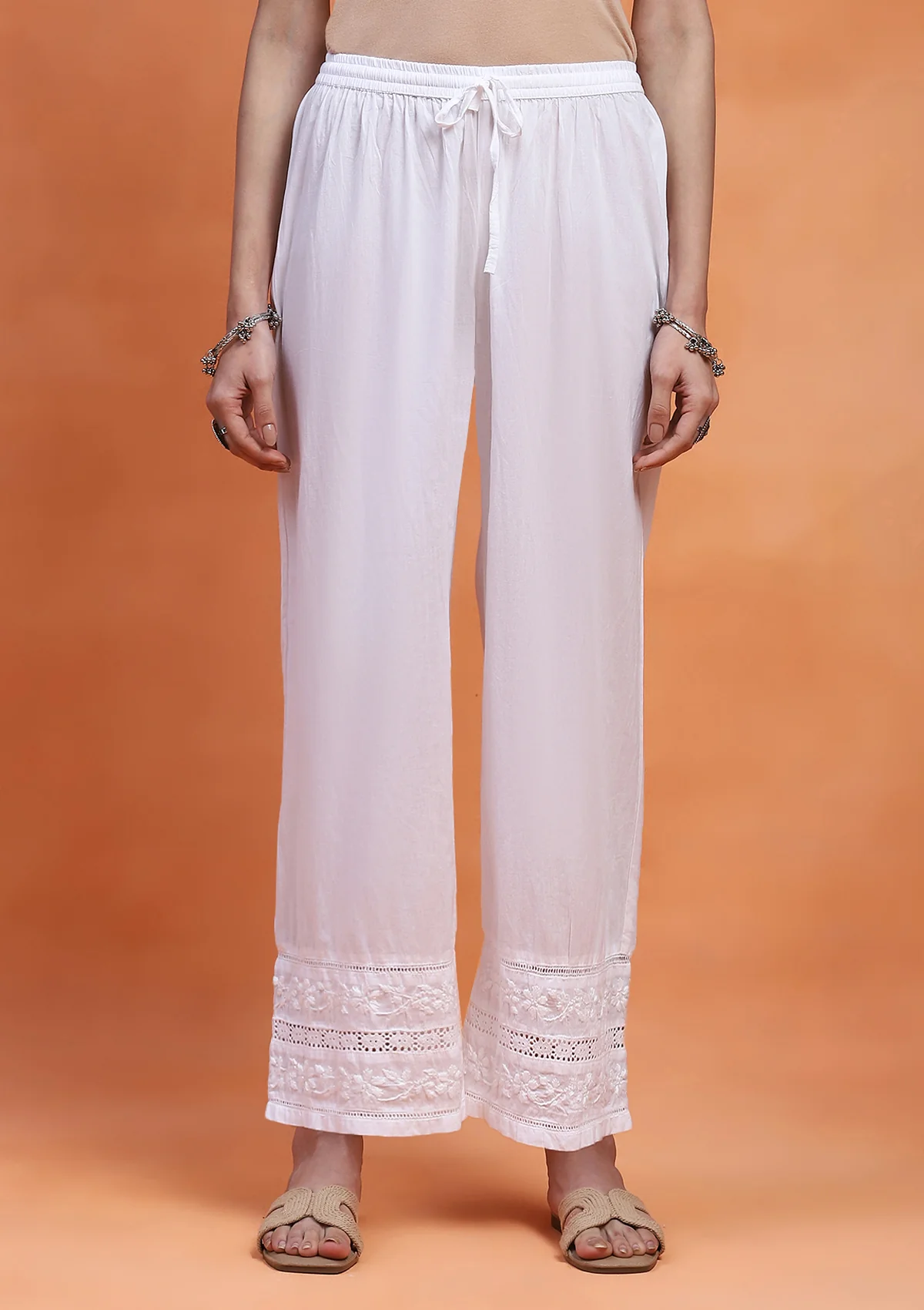 HOC Cotton Chikankari Solid Women's Palazzo - White - Healthber