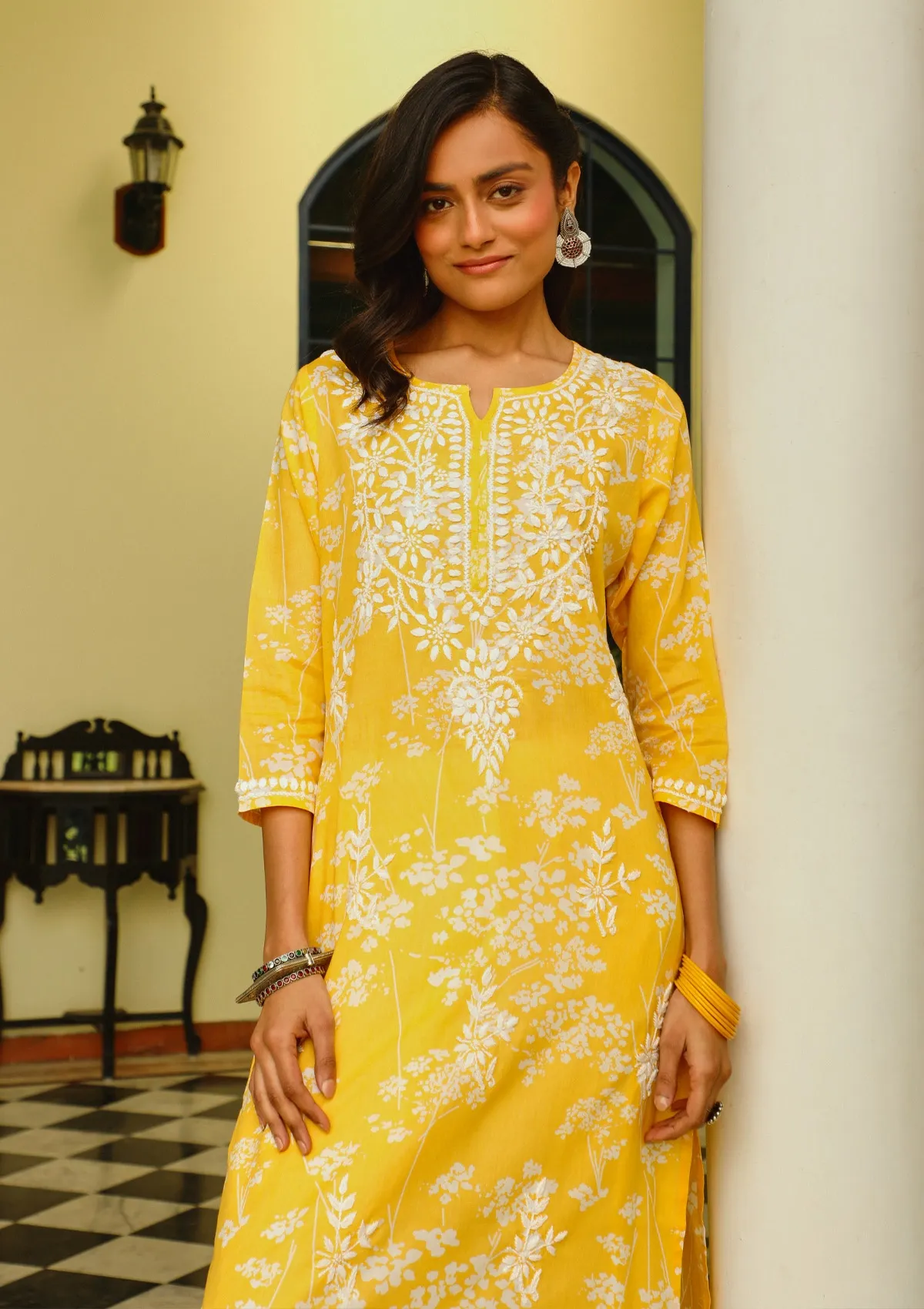 HOC Zainab Chikankari Mulmul Printed Straight Kurta -Yellow - Healthber