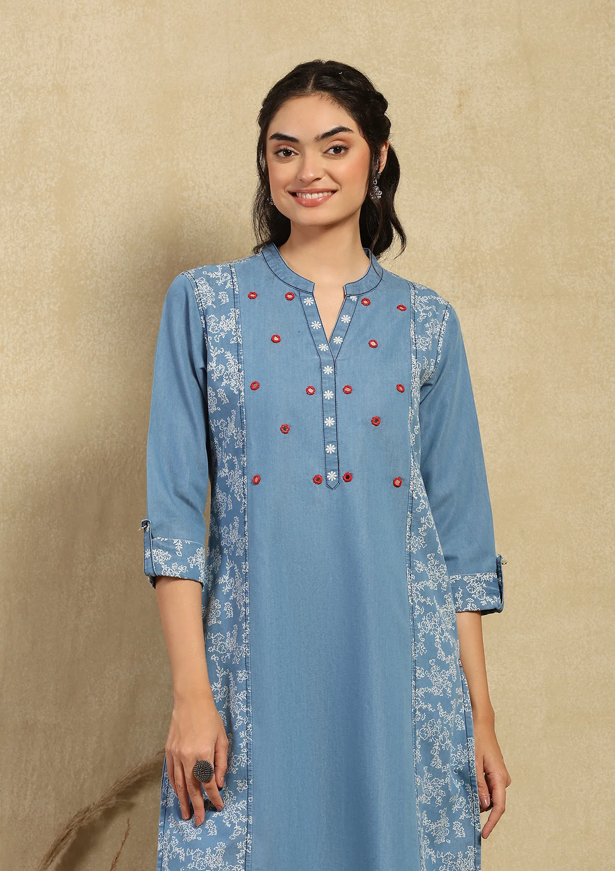 HOC Mirror Work Denim Printed Women's Kurta - Blue - Healthber