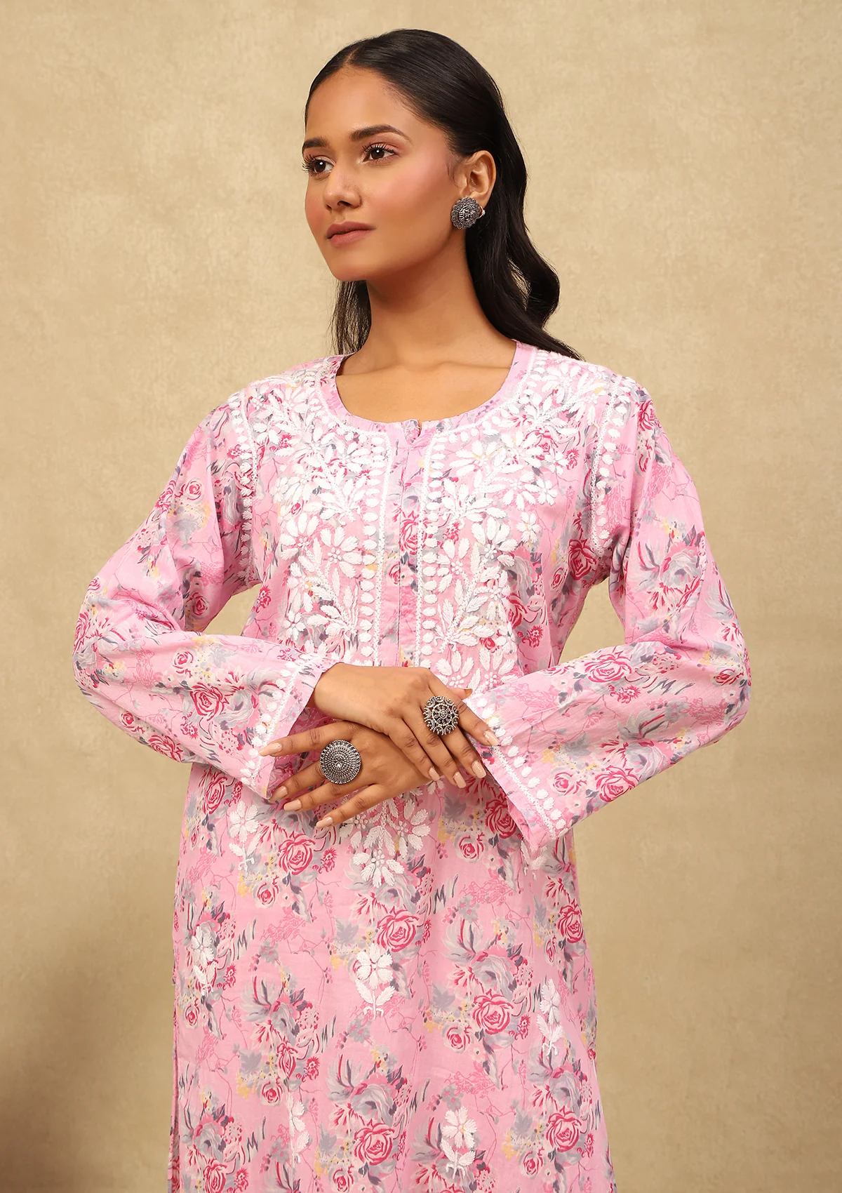 HOC Mulmul Chikankari Printed Women's Long Kurta -Pink - Healthber