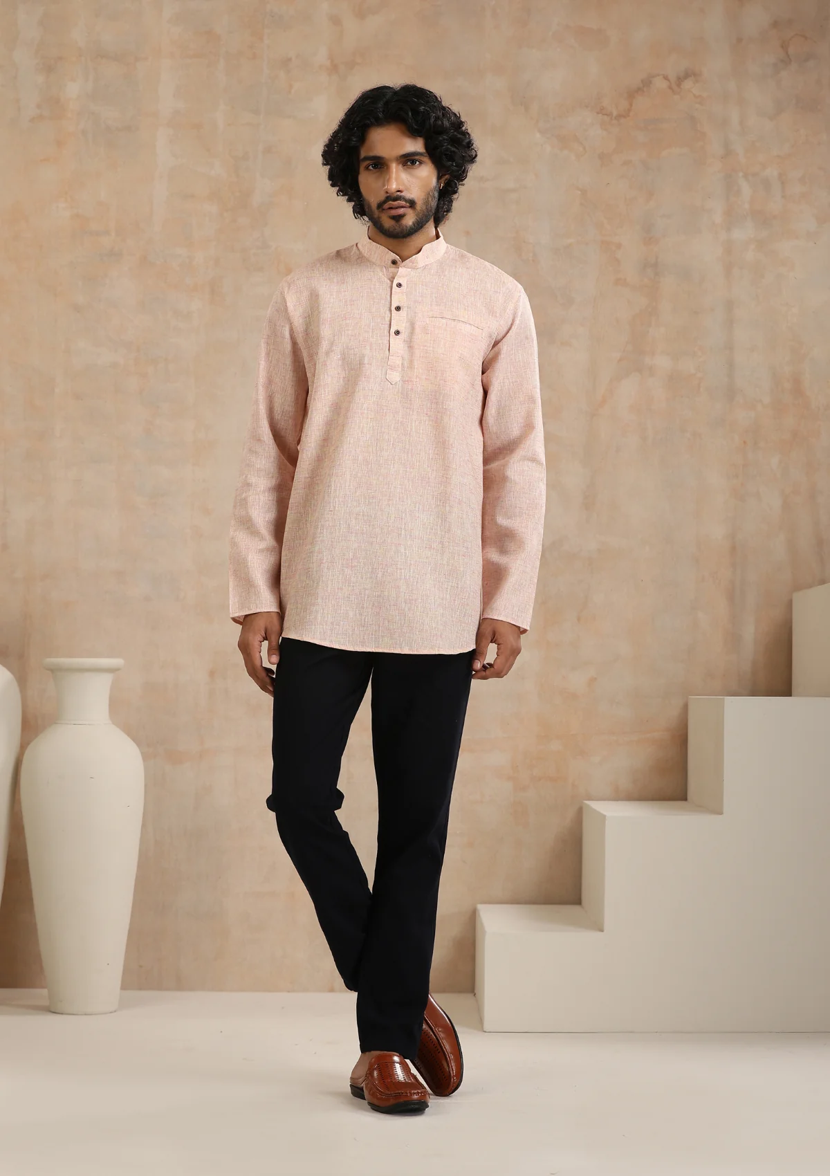 HOC Poly Cotton Solid Men's Short Kurta - Pink - Healthber