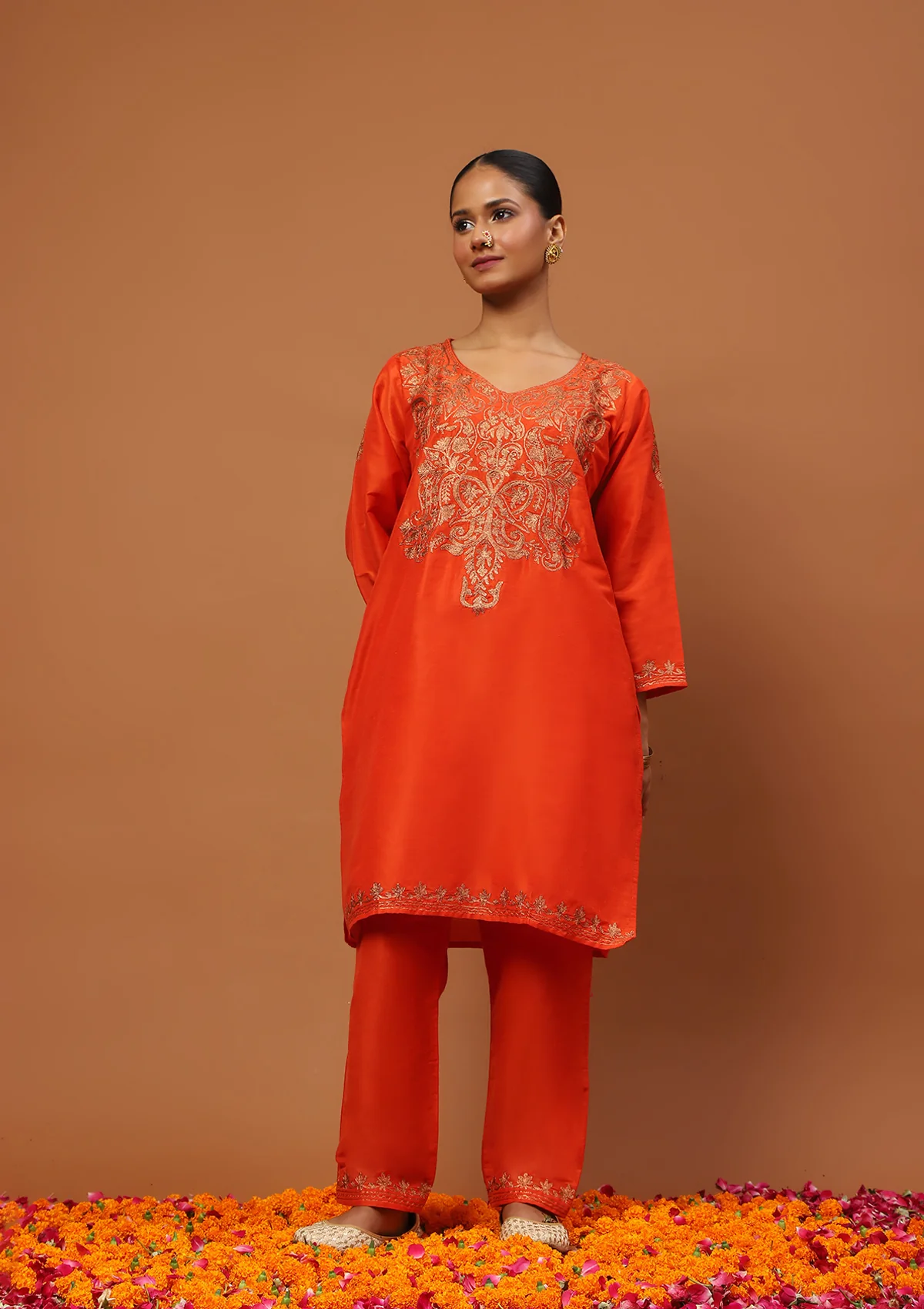 HOC Art Silk Embroidered Zari Solid Women's 2 PC Knee Kurta Set - Orange - Healthber
