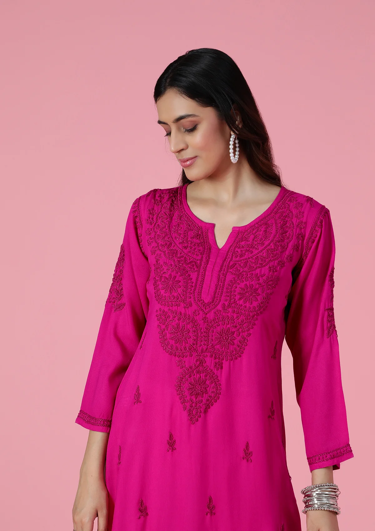 HOC Rayon Chikankari Solid Women's Long Kurta - Pink - Healthber