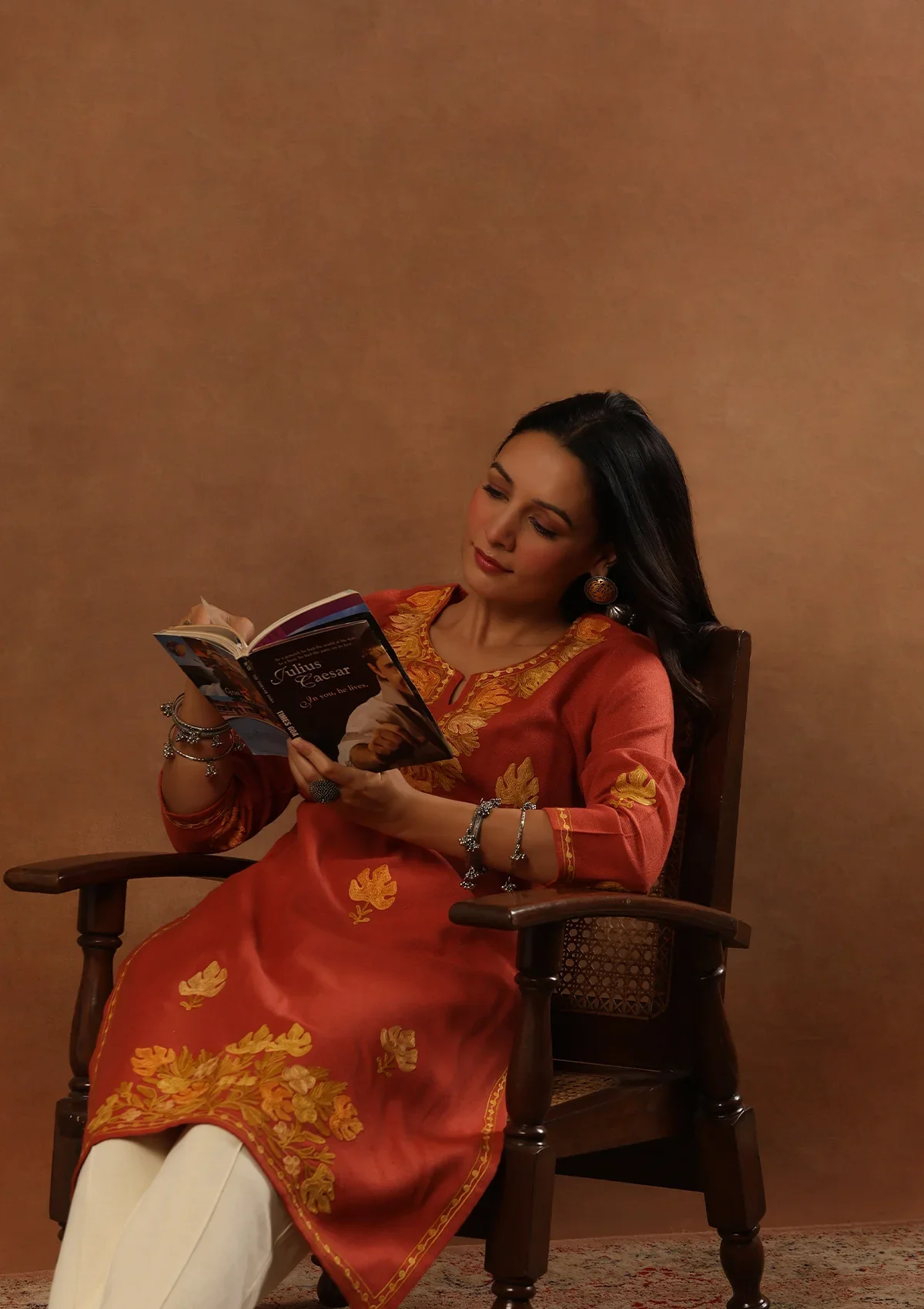 HOC Aari Embroidered Woollen Solid Women's Long Kurta - Coral - Healthber