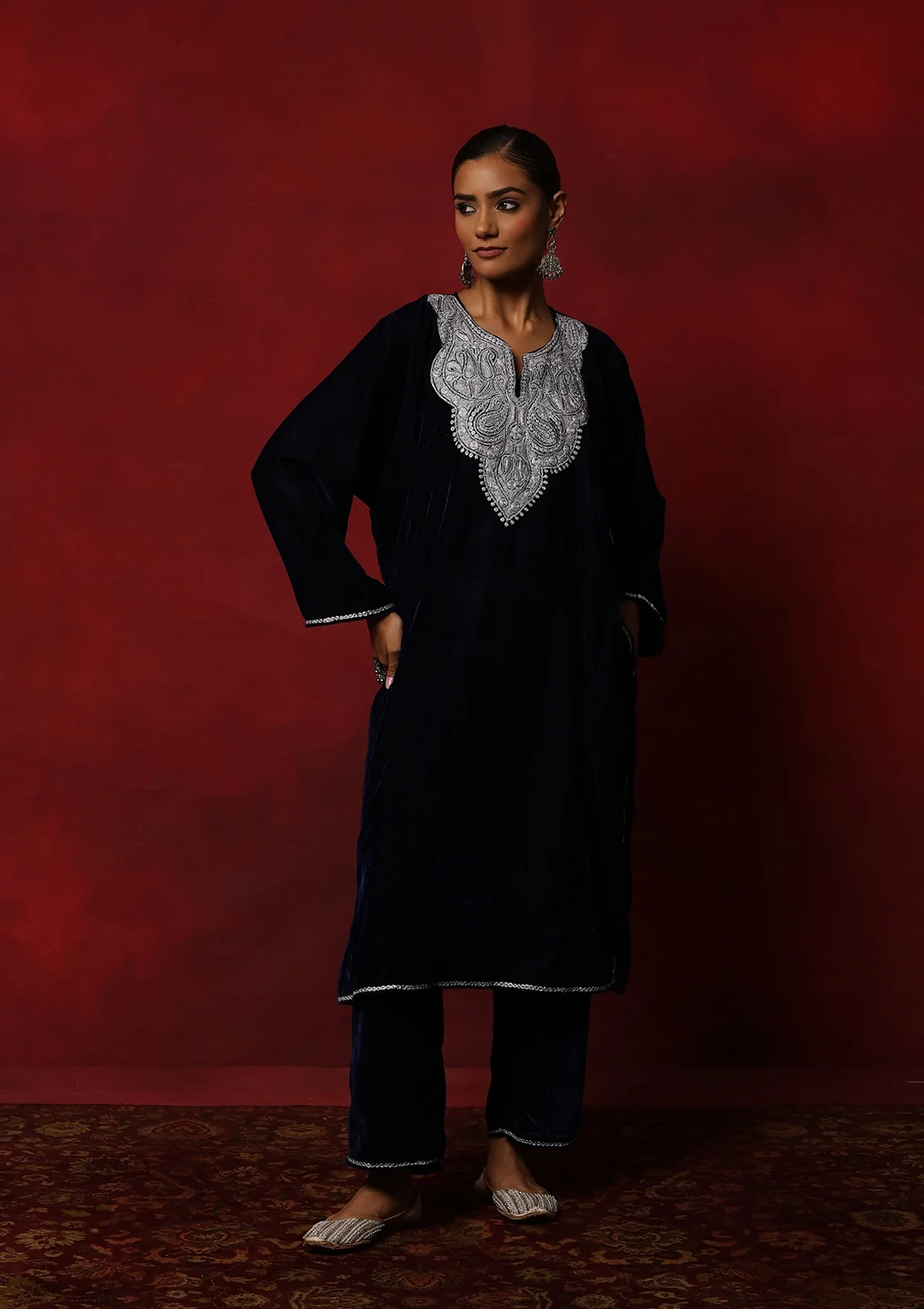 HOC Kashmiri Velvet Tilla Embroidered Solid Women's 2 PC Phiran Set -Navy Blue - Healthber