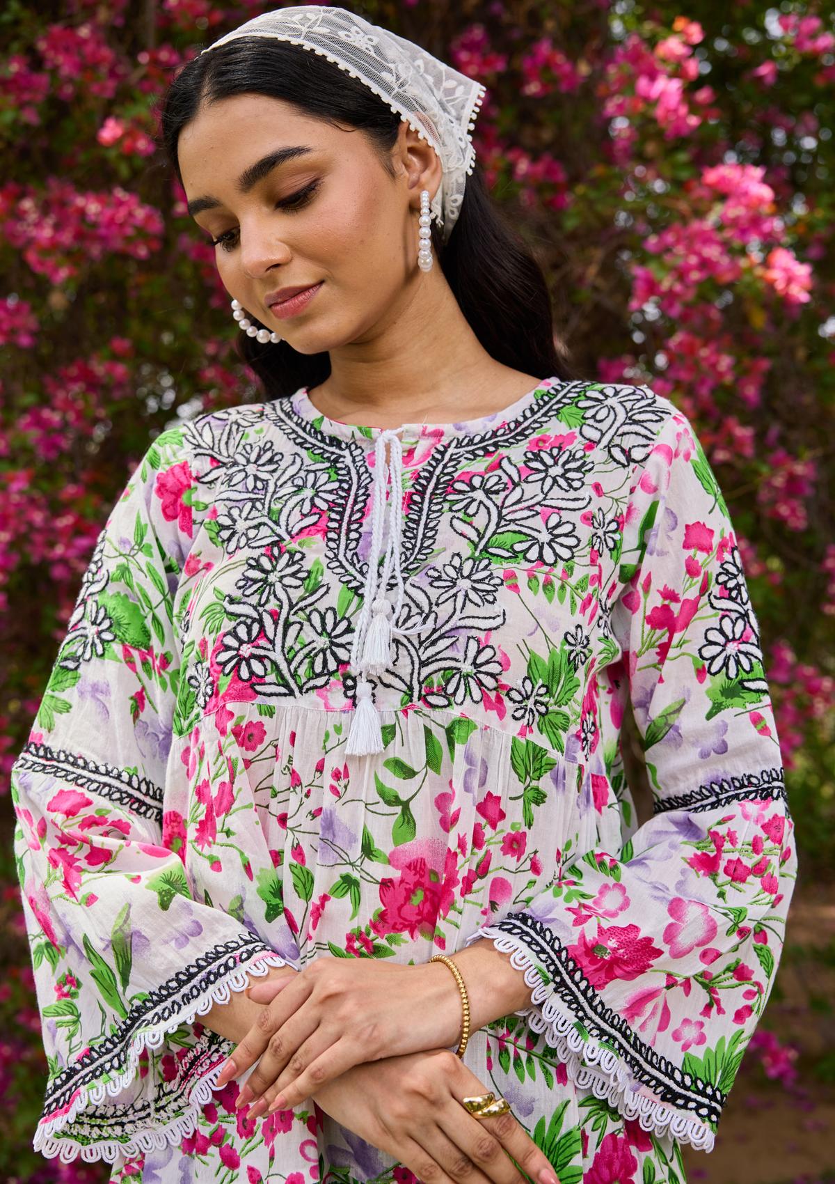 HOC Mulmul Chikankari Printed Women's Short Dress - White - Healthber