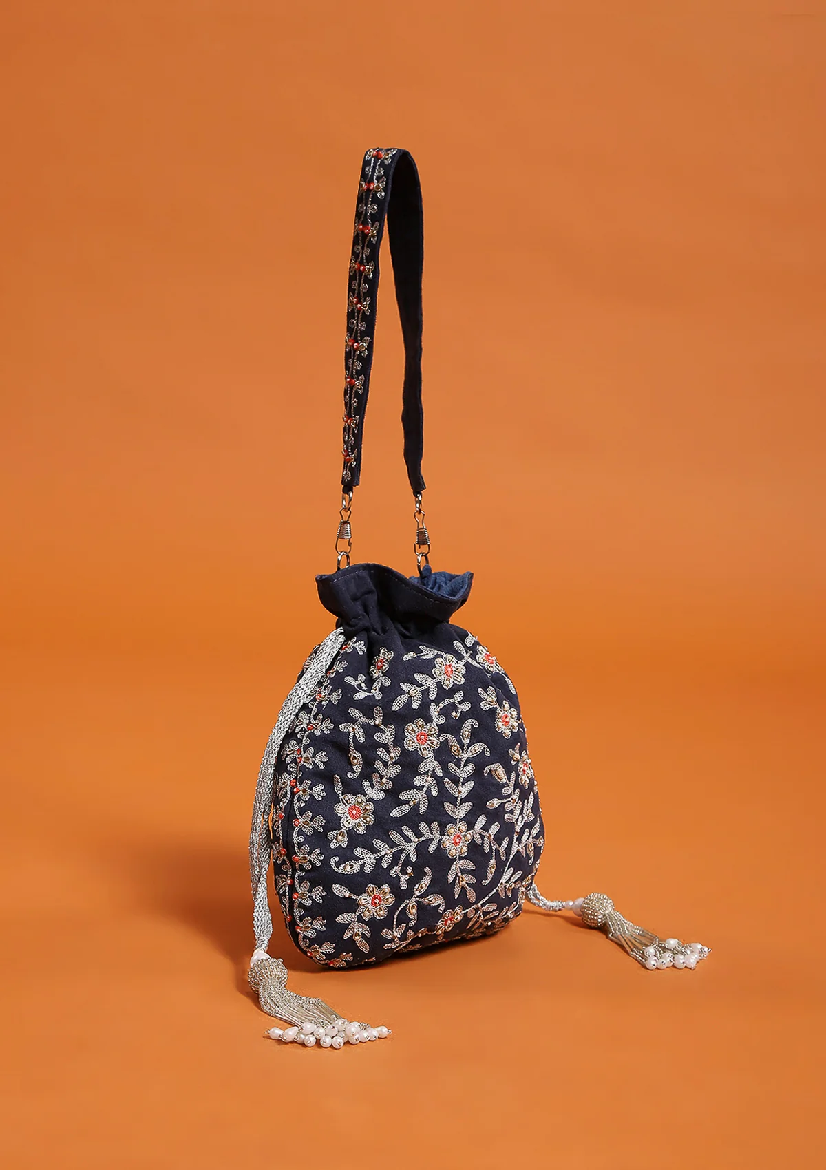 HOC Zari Suede Hand Embellished Potli-Navy Blue - Healthber