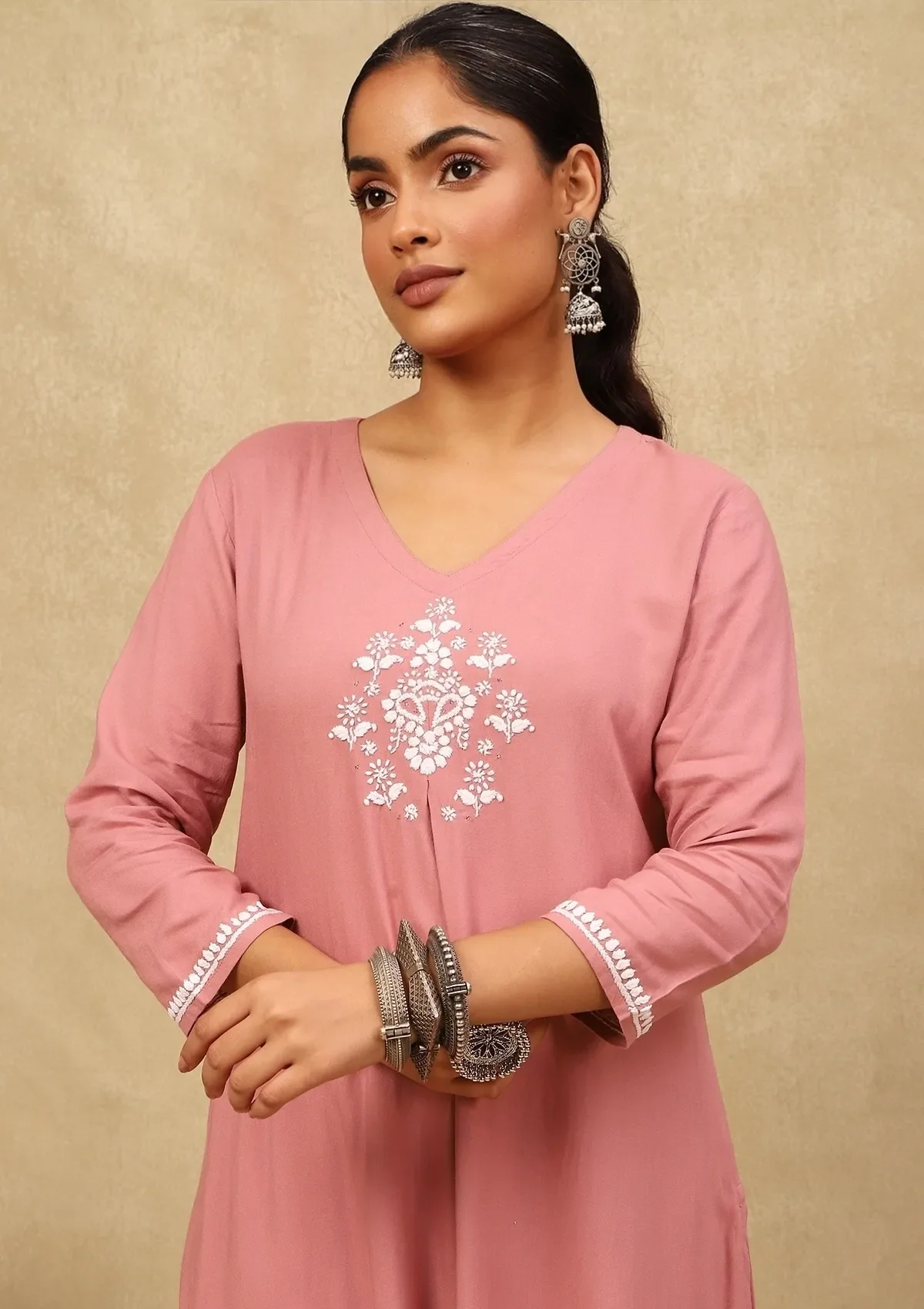 HOC Rayon Chikankari With Mukaish Solid Women's 2 PC Long Kurta Set - Dark Pink - Healthber