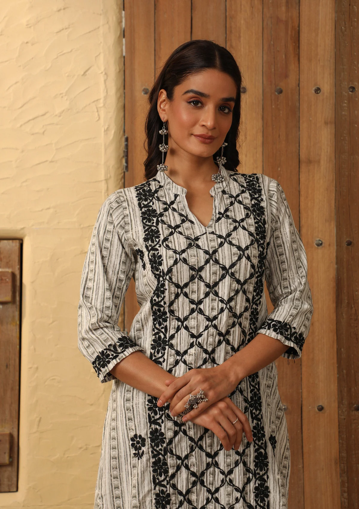 HOC Cotton Chikankari Printed Women's Long Kurta - Black - Healthber