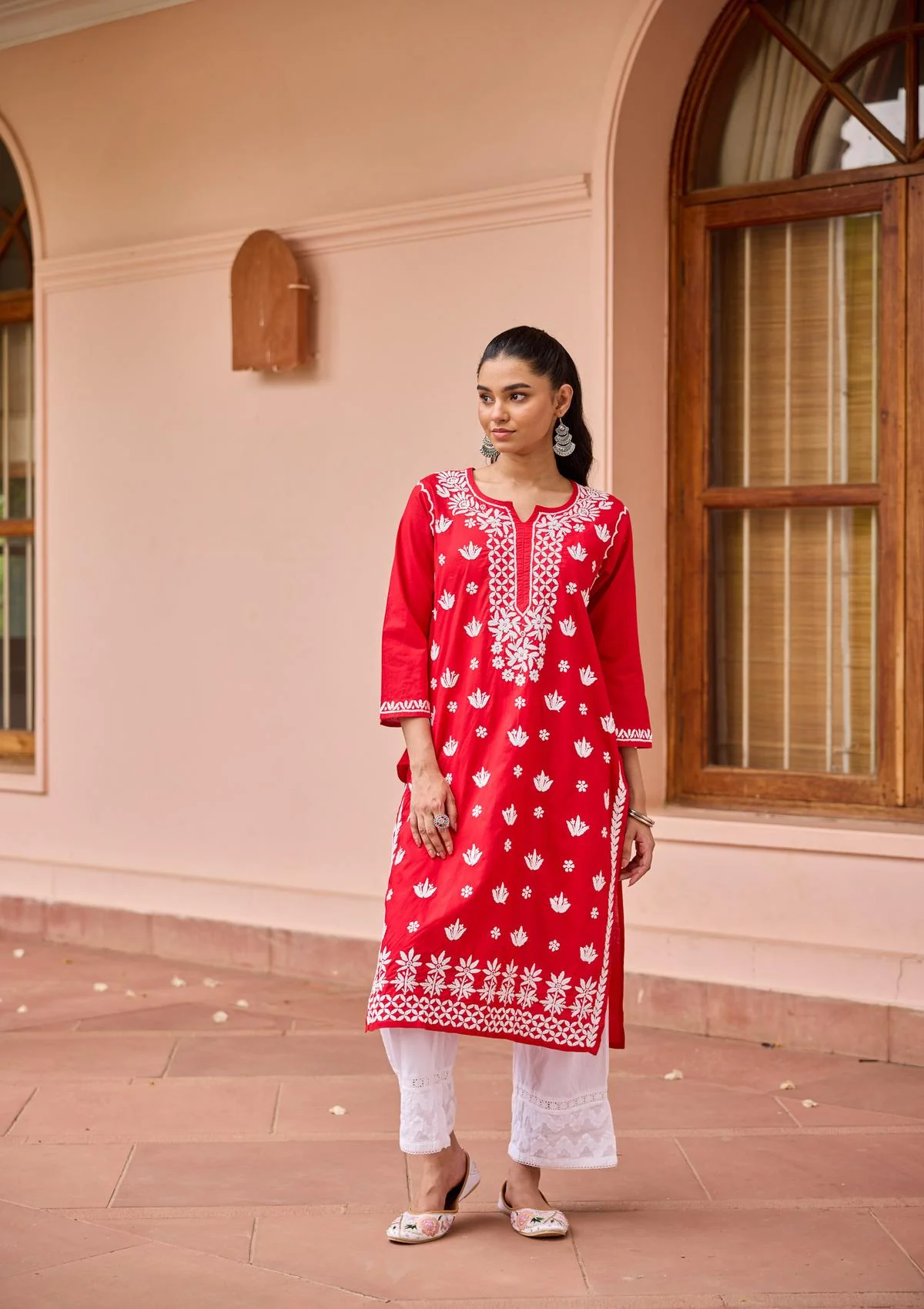 HOC Cotton Chikankari Solid Women's Long Kurta - Red - Healthber