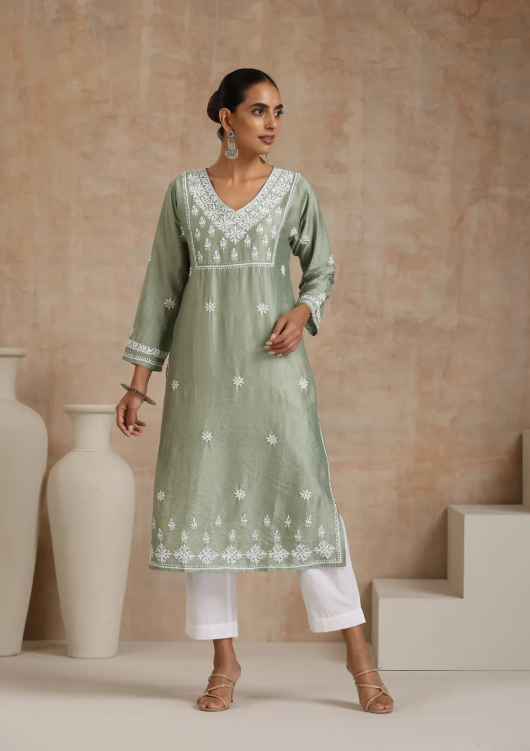 HOC Chanderi Chikankari Solid Women's Long Kurta - Green - Healthber