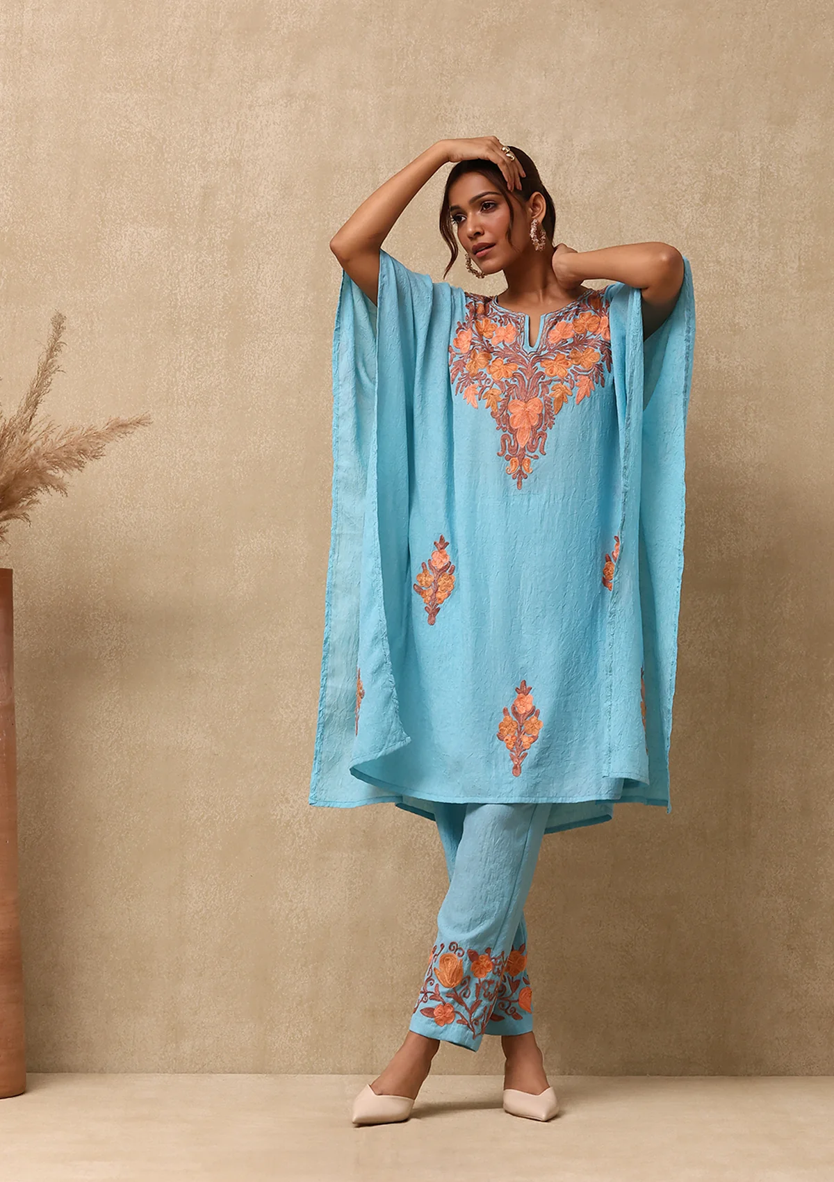 HOC Aari Embroidered Cotton Crush Crepe Solid Women's 2PC Kaftan Set - Sky Blue - Healthber