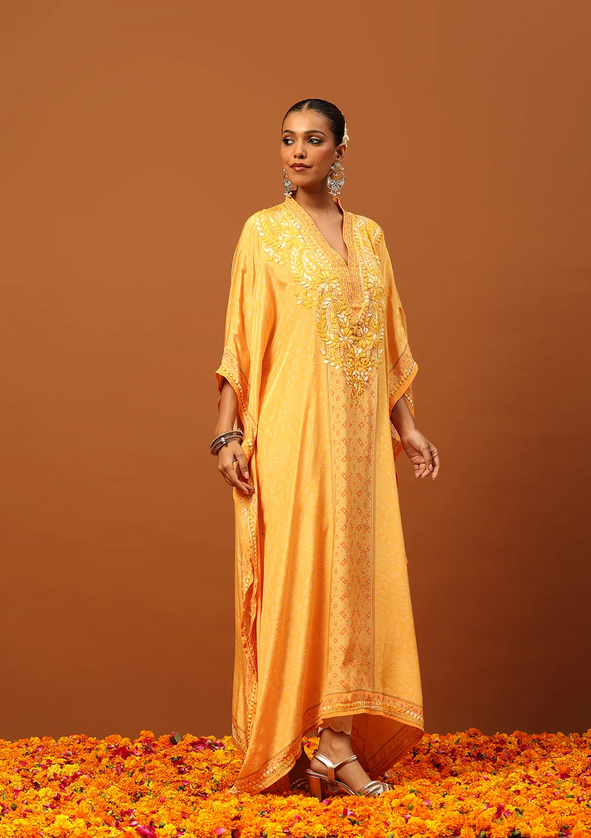 HOC Crepe Chikankari Printed Women's Kaftan -Yellow - Healthber