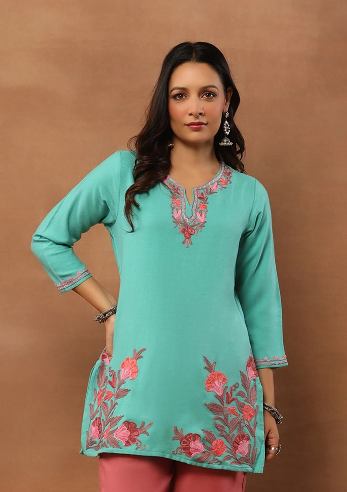 HOC Aari Embroidered Woollen Solid Women's Short Kurta - Turquoise Blue - Healthber