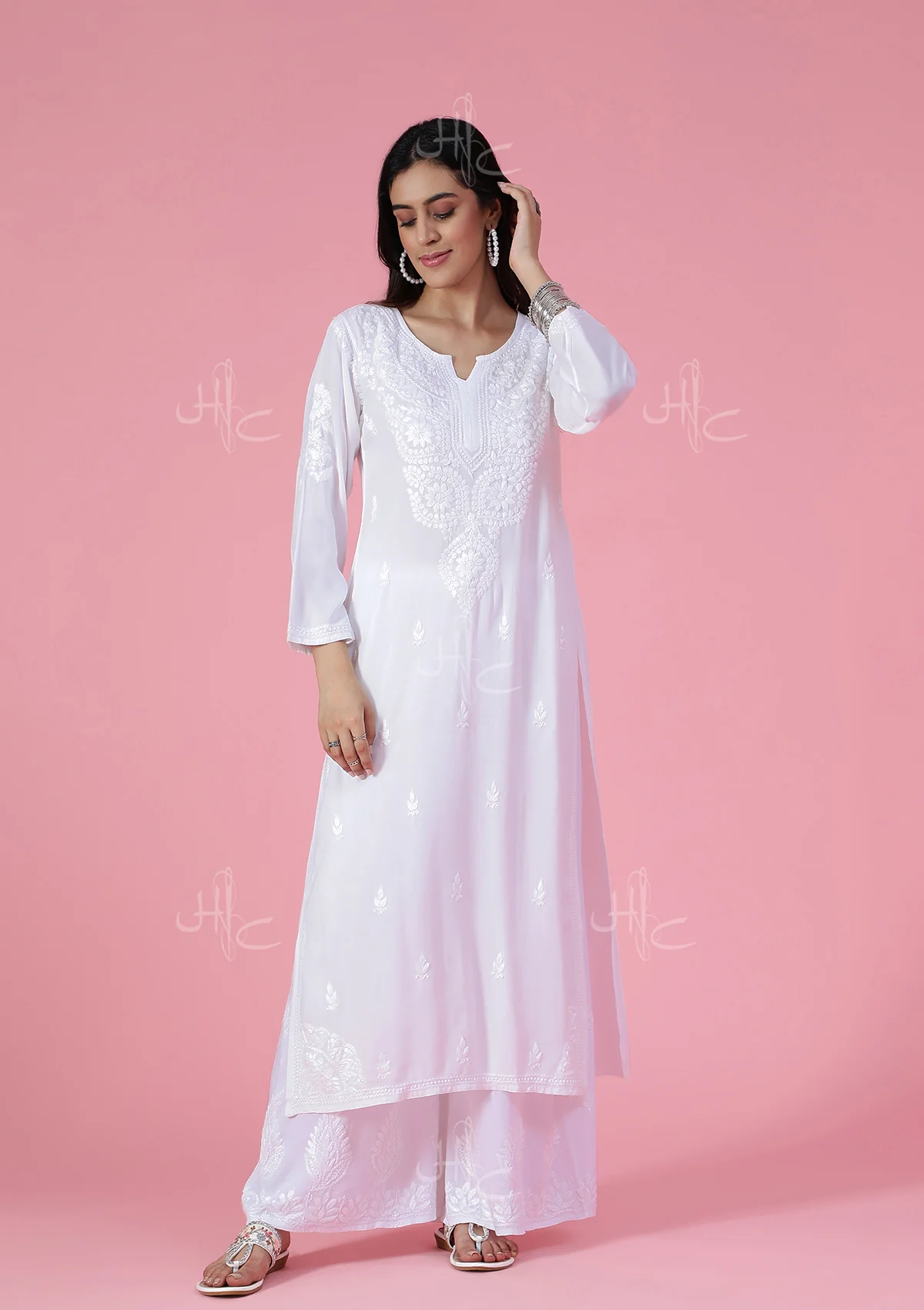 HOC Rayon Chikankari Solid Women's Long Kurta - White - Healthber