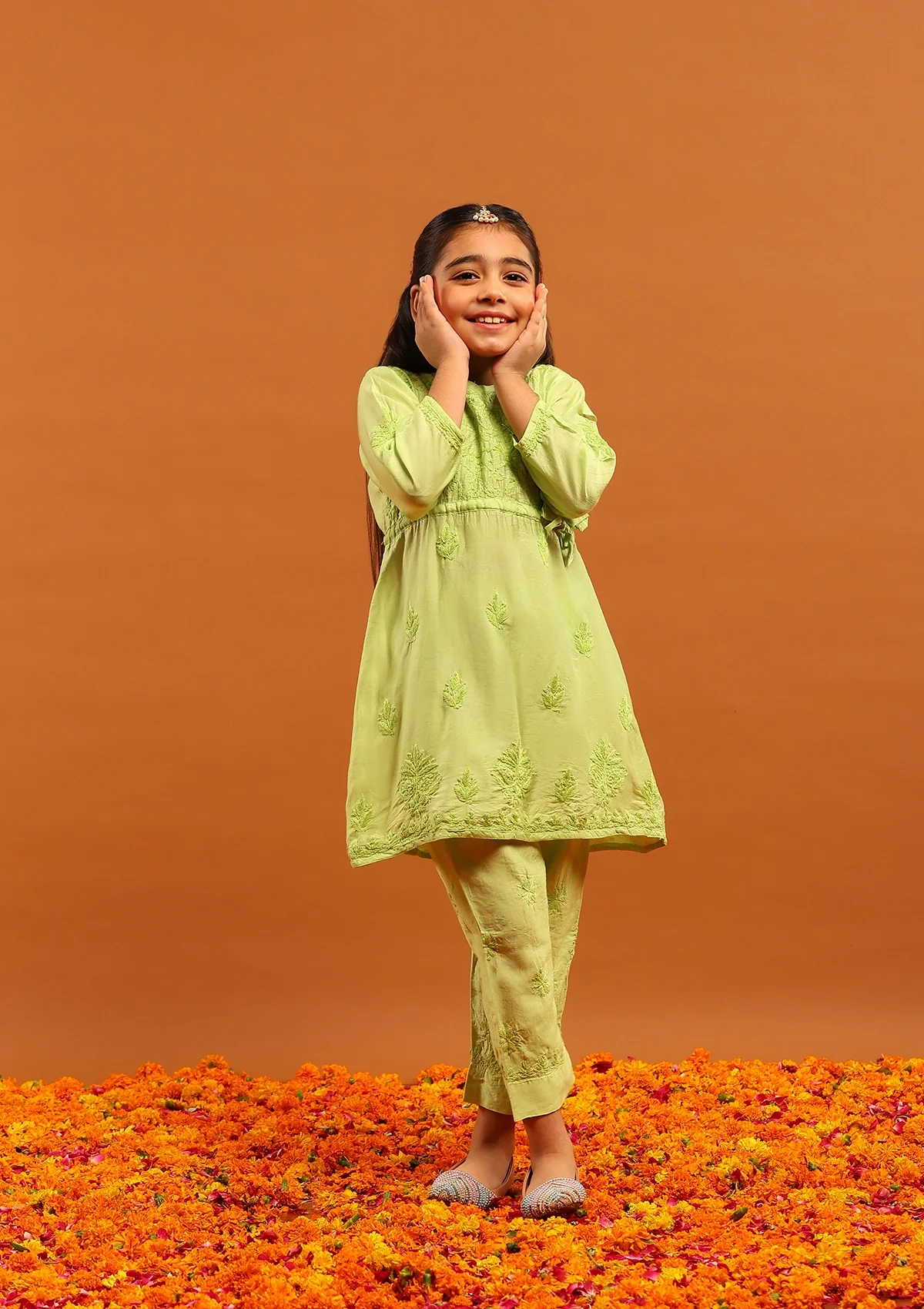 HOC Chanderi Chikankari Solid Girl's 2 PC Kurta Set Angrakha-Green - Healthber