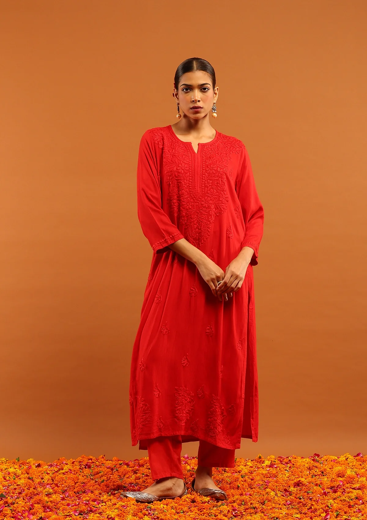 HOC Rayon Chikankari Solid Women's Long Kurta-Red - Healthber