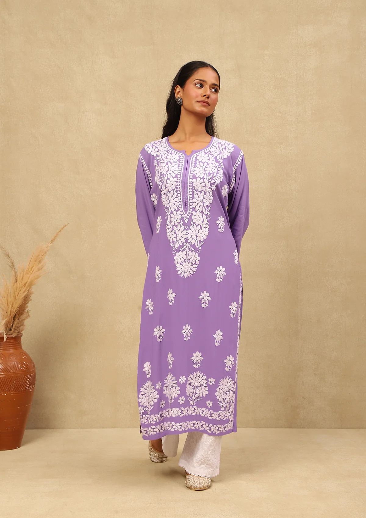 HOC Modal Chikankari Solid Women's Long Kurta -Lavender - Healthber