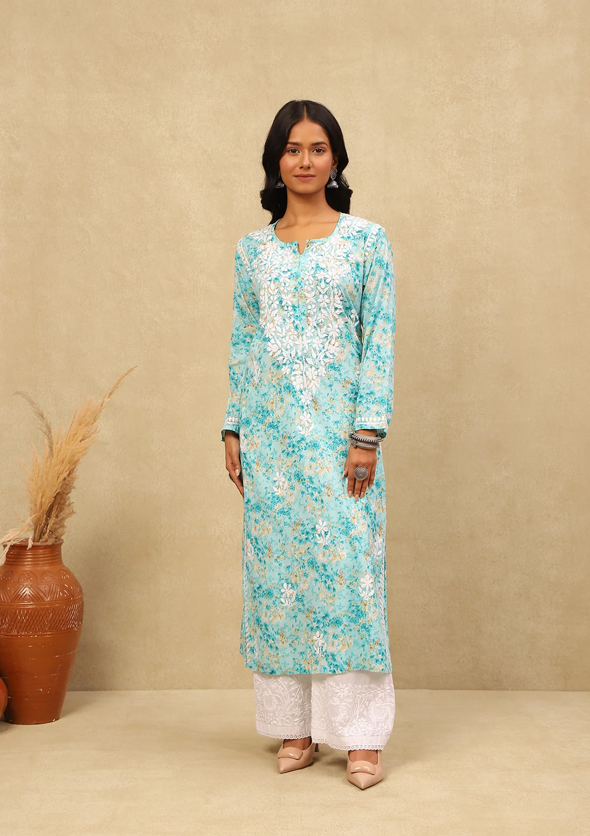 HOC Mulmul Chikankari Printed Women's Long Kurta -Sea Green - Healthber