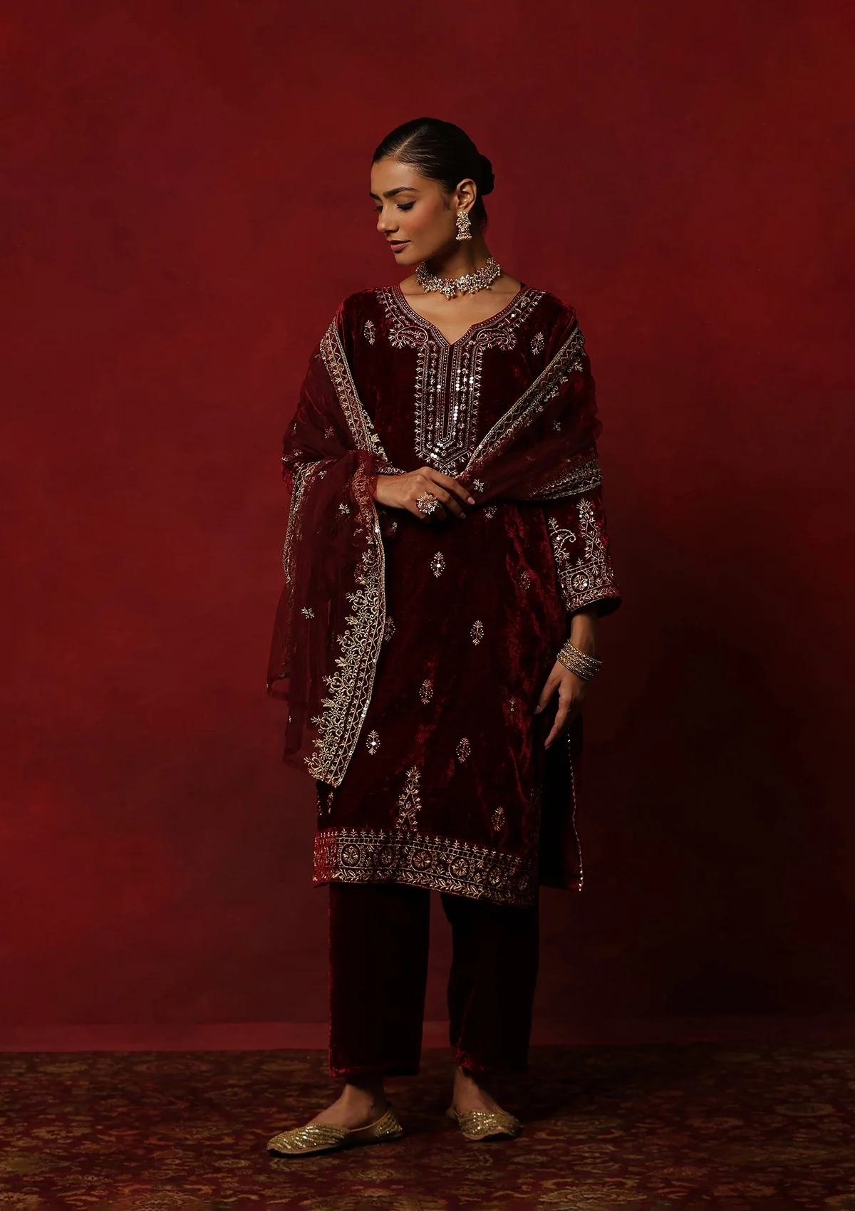 HOC Velvet Zari Embroidered With Sequins Women's Solid 3 PC Kurta Set-Maroon - Healthber