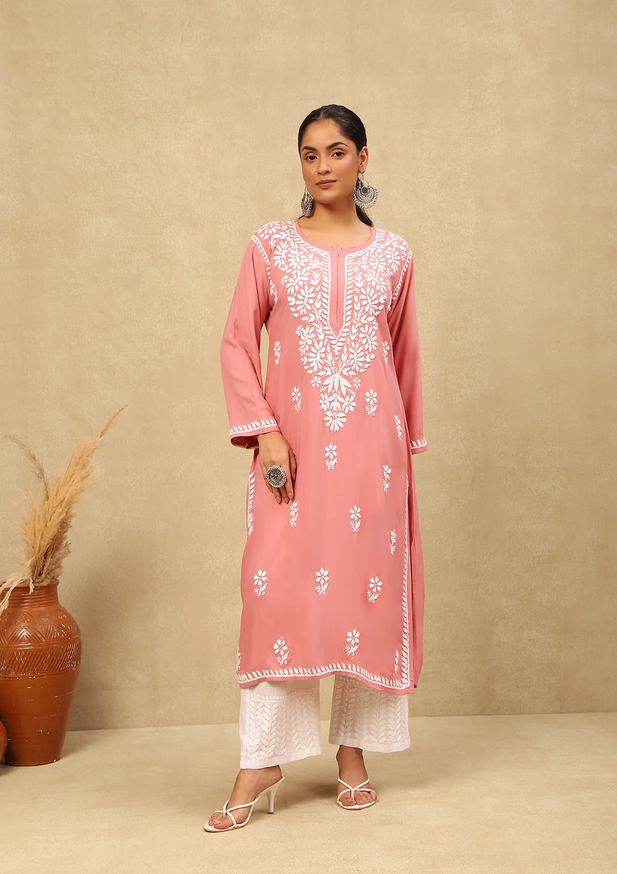 HOC Rayon Chikankari Solid Women's Long Kurta -Dust Pink - Healthber