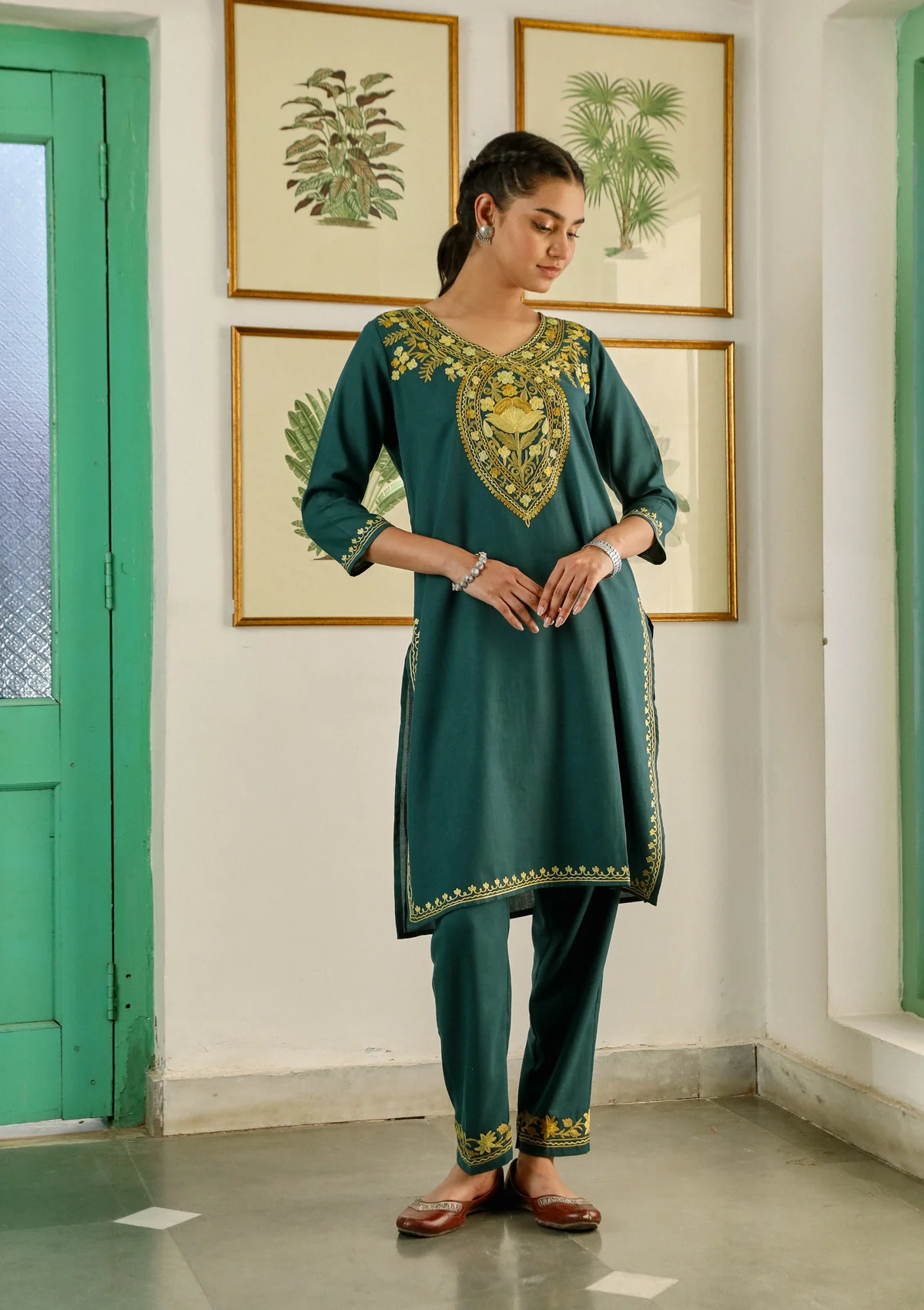 HOC Aari Embroidered Cotton Solid Women's 2PC Long Kurta Set - Teal Green - Healthber