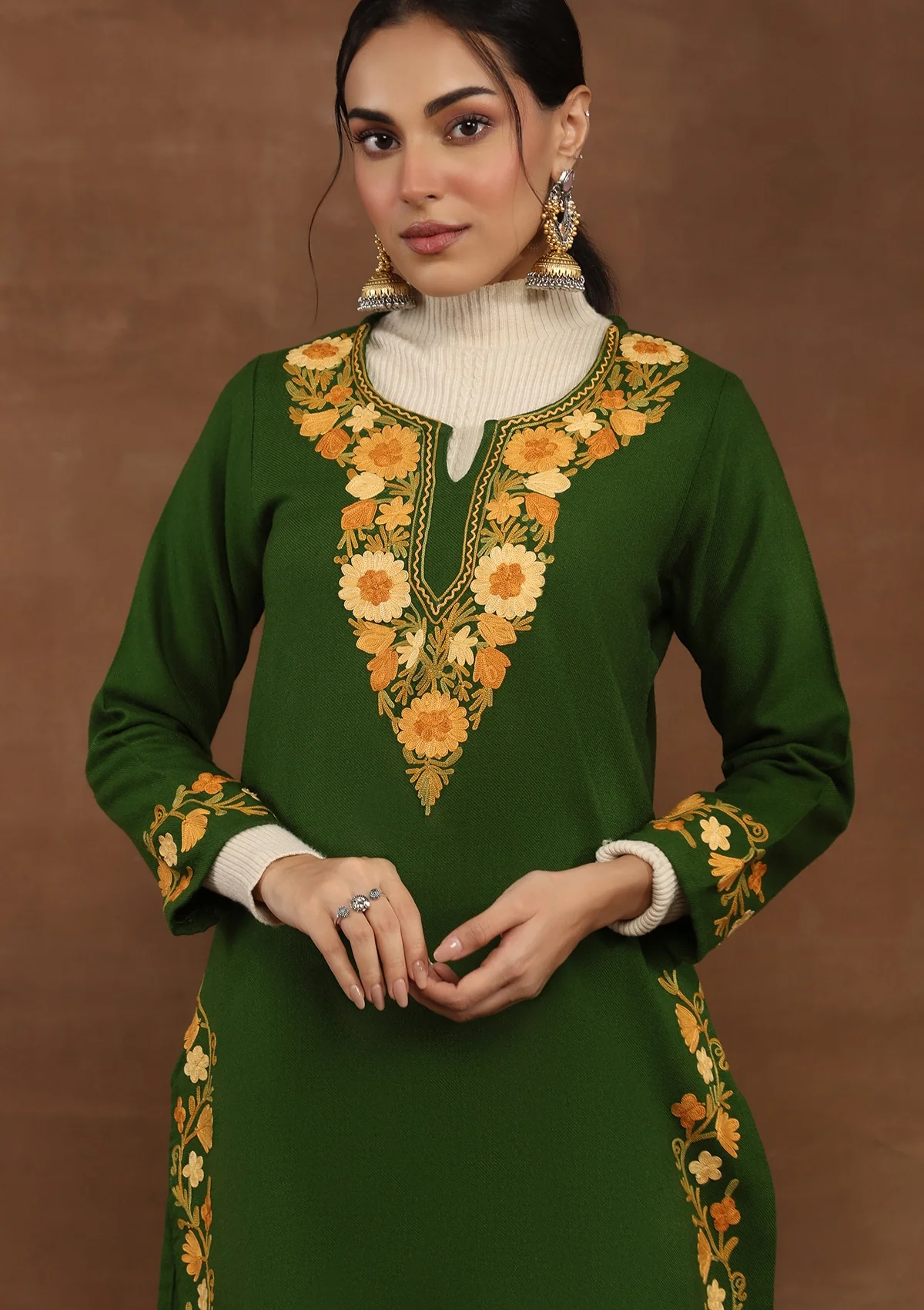 HOC Kashmiri Wool Aari Embroidered Solid Women's Long Kurta -Green - Healthber