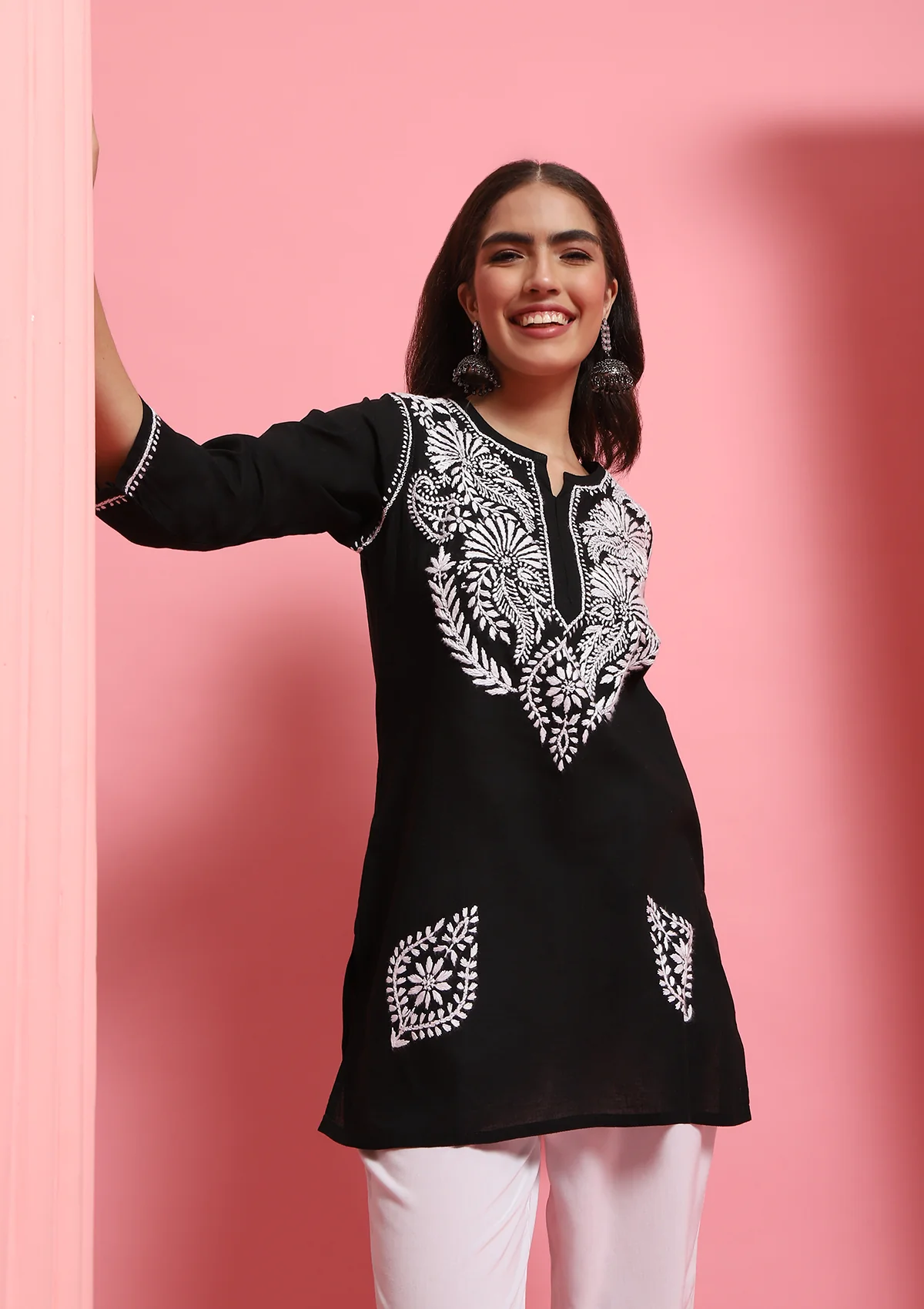 HOC Cotton Chikankari Solid Women's Short Kurta - Black - Healthber