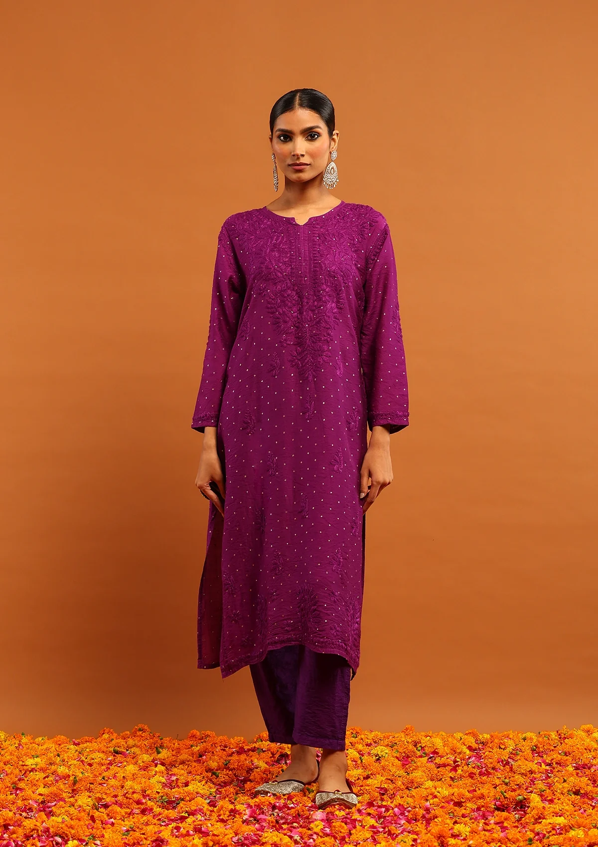 HOC Banarasi Chanderi Chikankari Solid Women's Long Kurta-Purple - Healthber