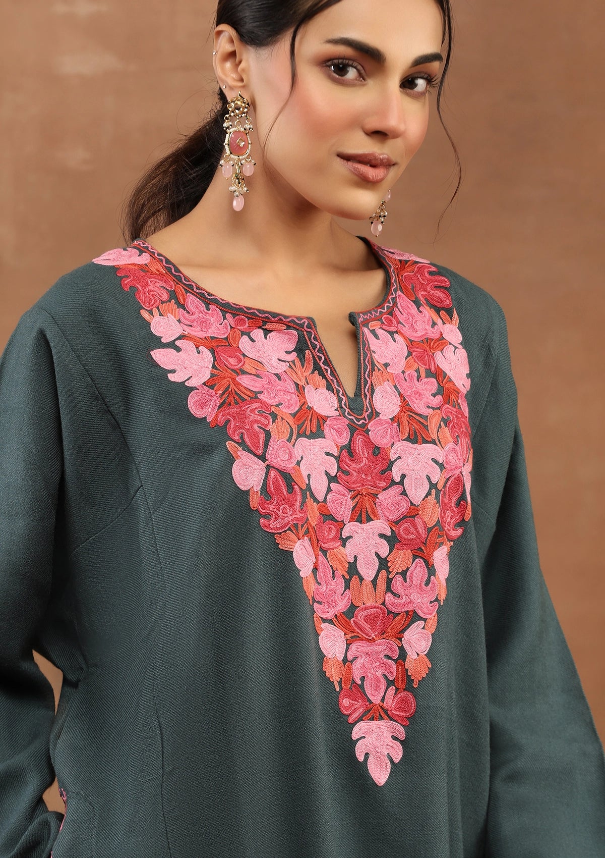 HOC Kashmiri Wool Aari Embroidered Solid Women's Phiran Kurta -Grey - Healthber