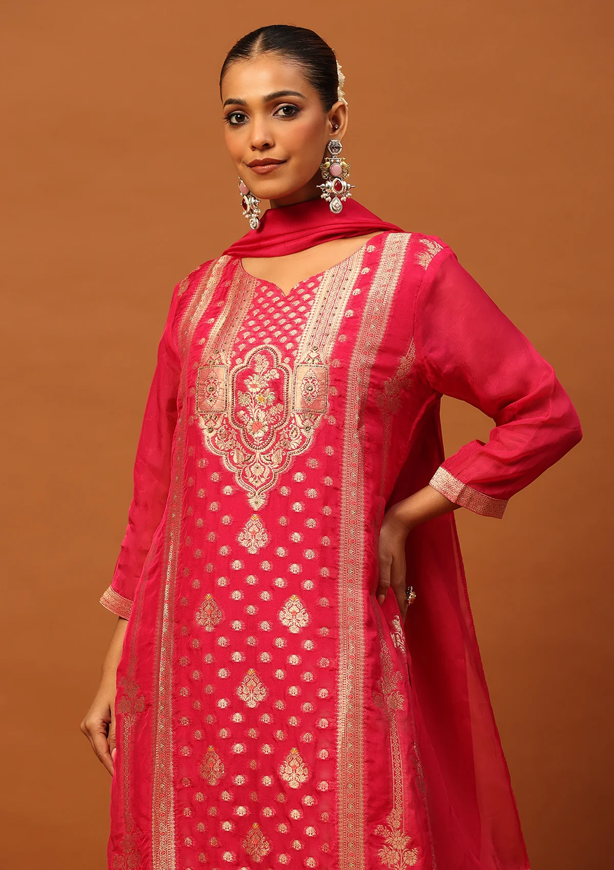 HOC Jacquard Organza Hand Embellished Women's 3 PC Straight Kurta Set - Magenta - Healthber