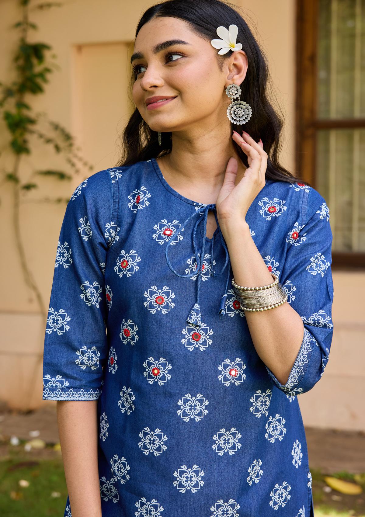 HOC Mirror Work Denim Printed Women's Straight Kurta - Blue - Healthber