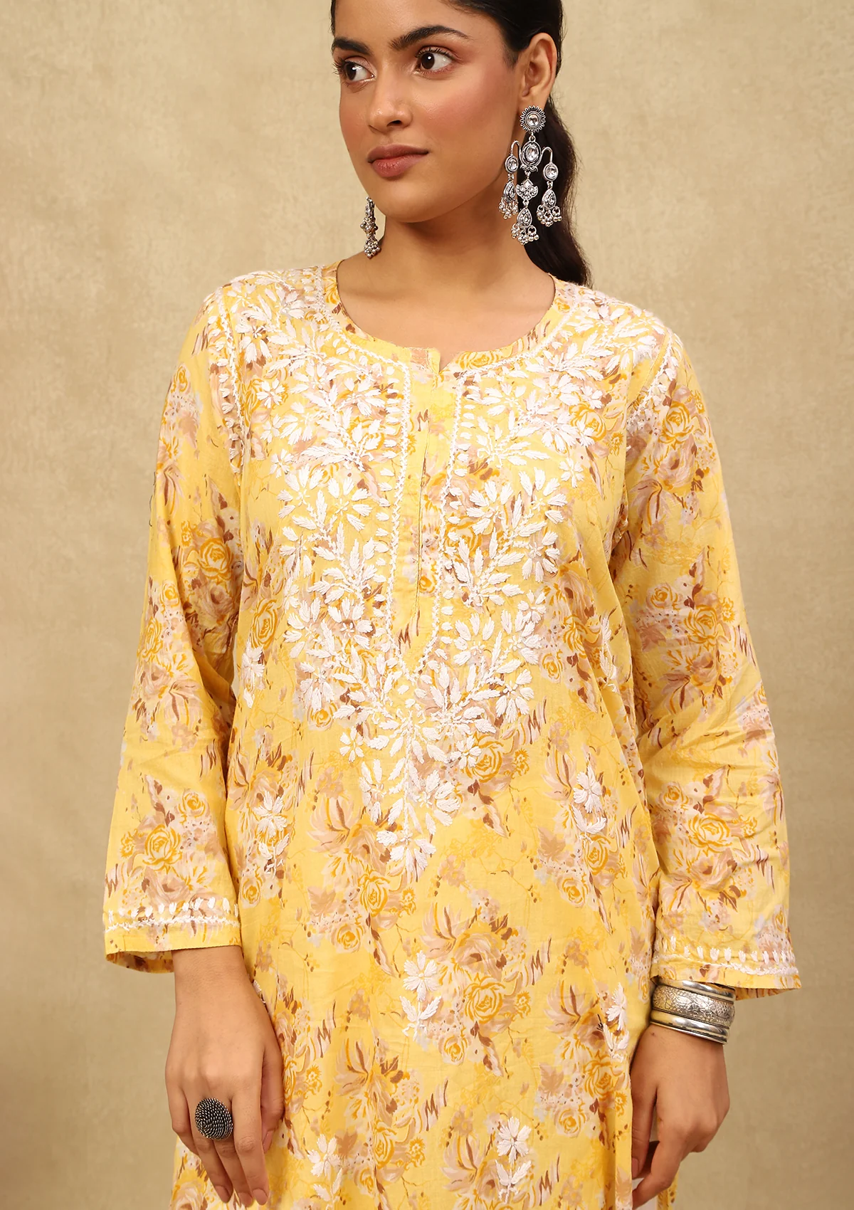 HOC Mulmul Chikankari Printed Women's Long Kurta -Yellow - Healthber