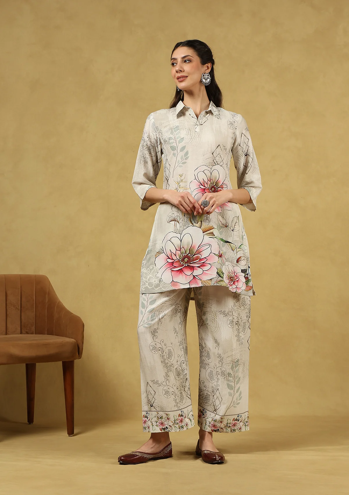 HOC Hand Embellished Viscose Linen Printed Women's 2 PC Co-ord Set - White - Healthber