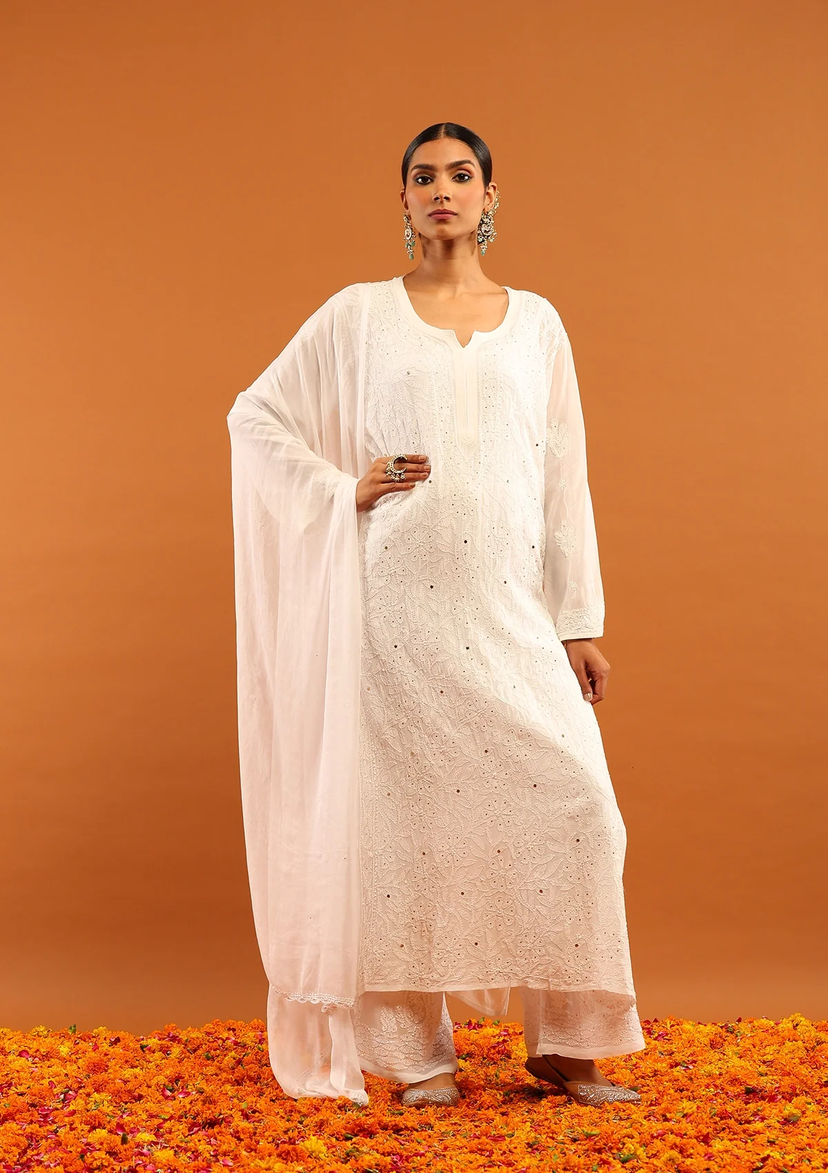 HOC Viscose Georgette Chikankari Mukaish & Kamdani Solid Women's 4 PC Long Kurta Set-White - Healthber