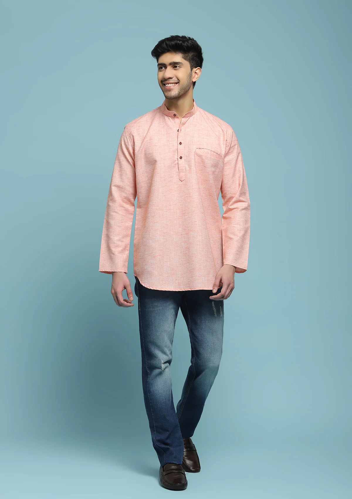 HOC Poly Cotton Solid Men's Short Kurta - Peach - Healthber