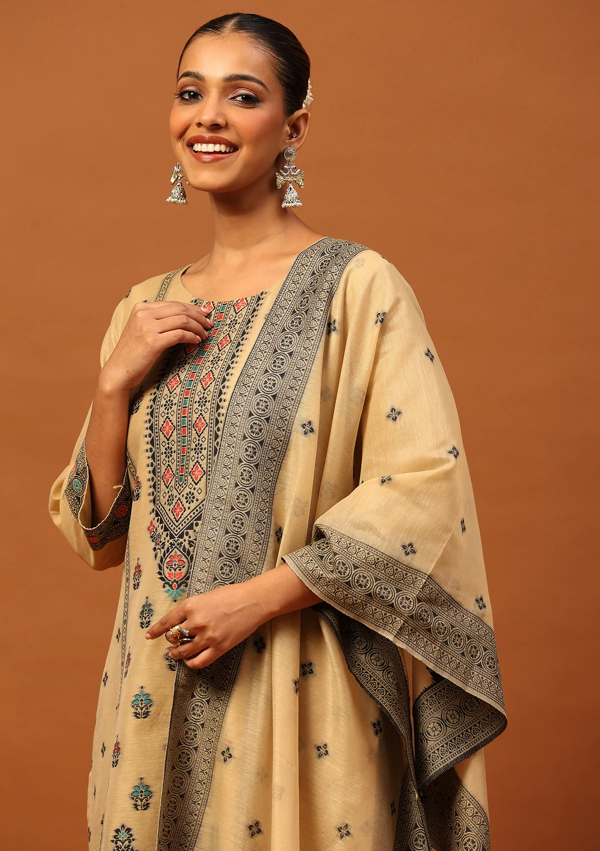 HOC Banarasi Chanderi Hand Weave Women's 3 PC Long Kurta Set -Beige - Healthber