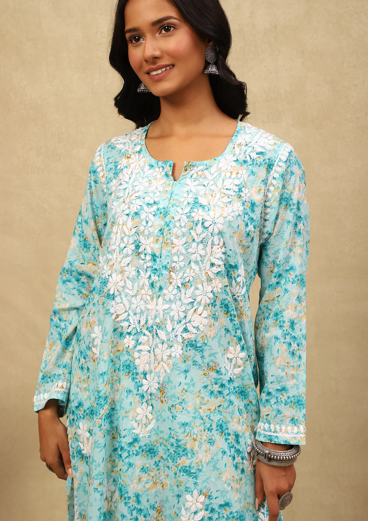 HOC Mulmul Chikankari Printed Women's Long Kurta -Sea Green - Healthber