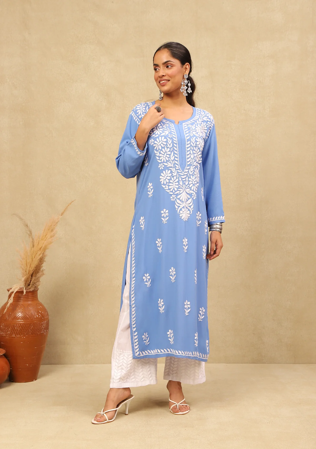 HOC Rayon Chikankari Solid Women's Long Kurta -Blue - Healthber