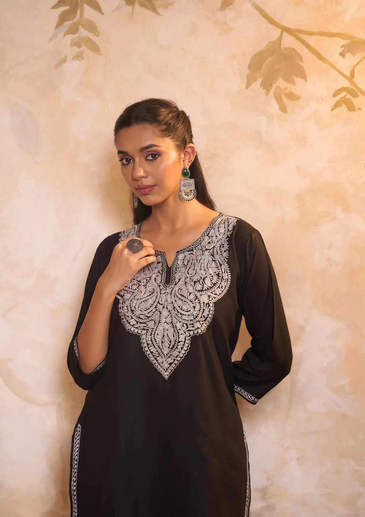 HOC Cotton Embroidered Zari Work Solid Women's 2 PC Co-ords-Set - Black - Healthber