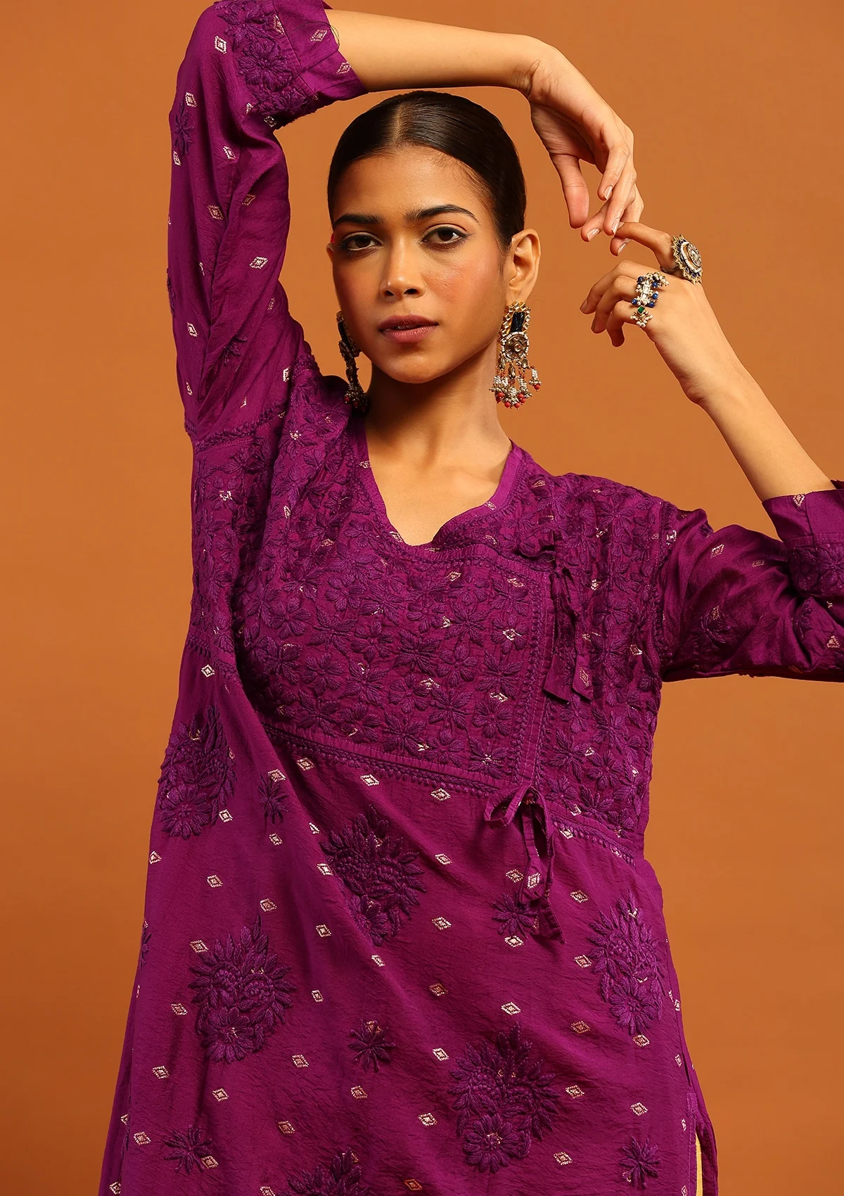 HOC Banarasi Chanderi Chikankari Solid Women's Long Angrakha Kurta -Purple - Healthber