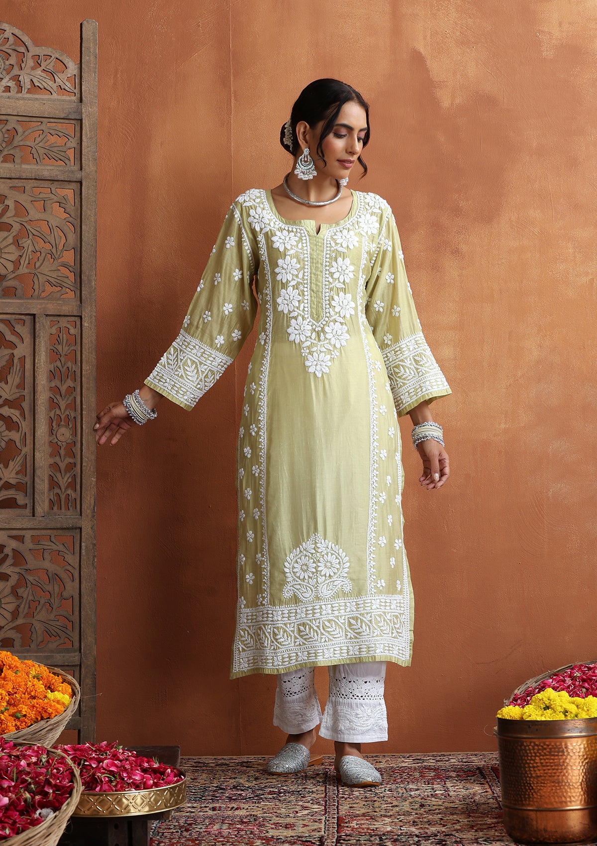 HOC Chanderi Chikankari Solid Women's Long Kurta  - Light Green - Healthber