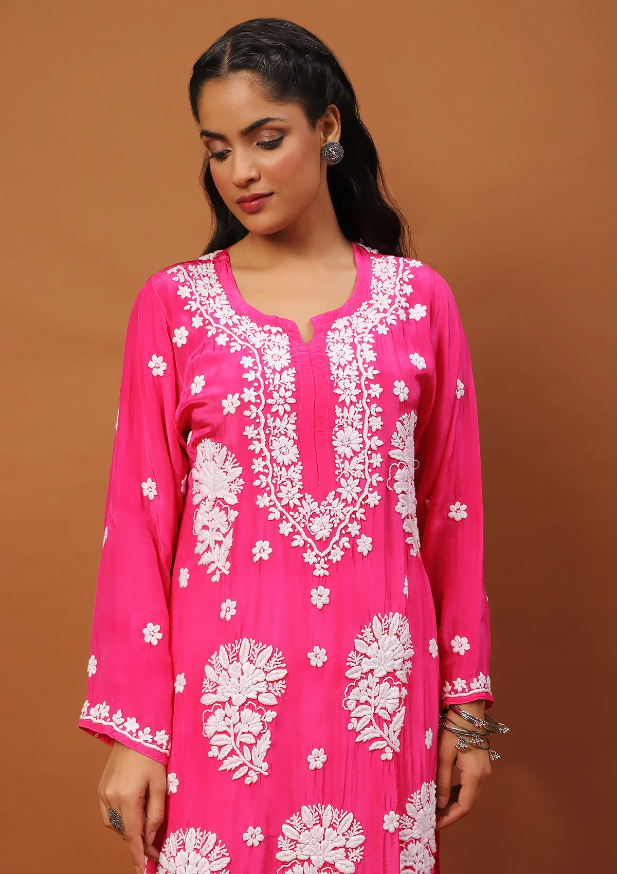 HOC Satin Crepe Chikankari Solid Women's Long Kurta - Dark Pink - Healthber