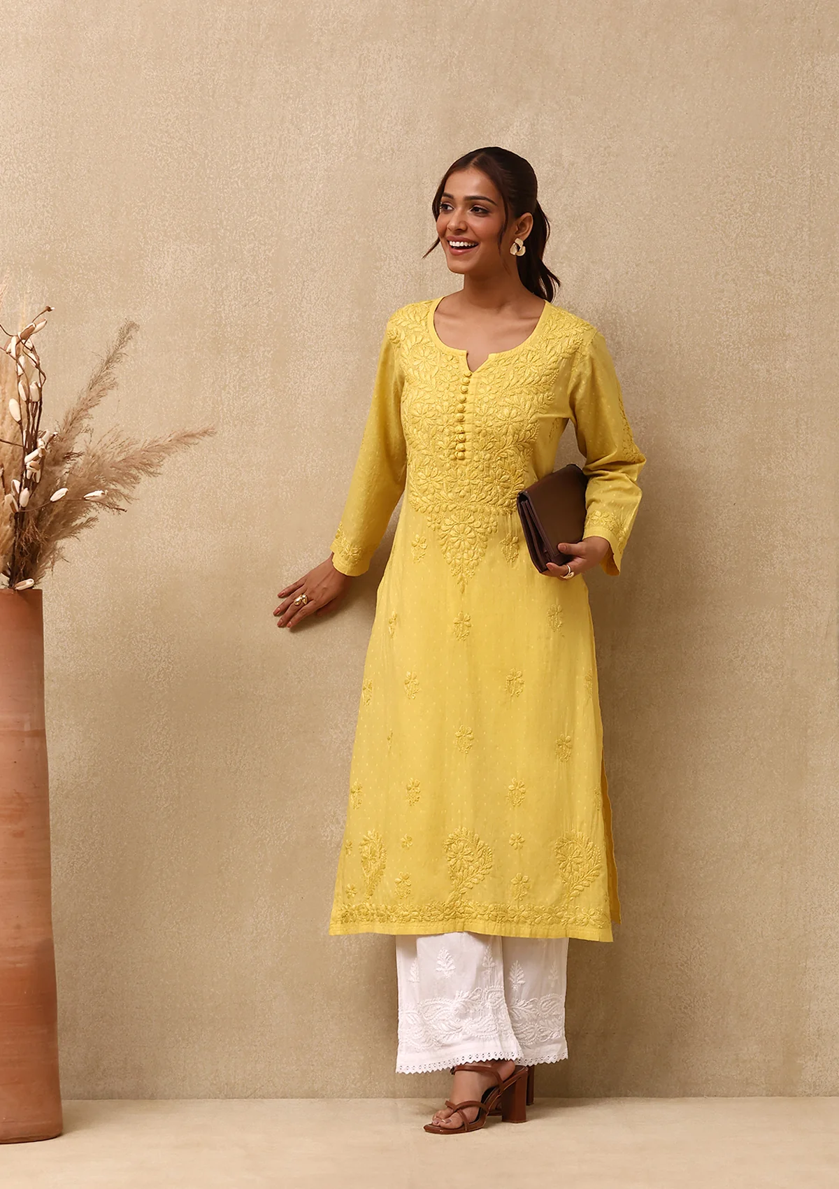 HOC Dobby Cotton Chikankari Solid Women's Long Kurta - Yellow - Healthber