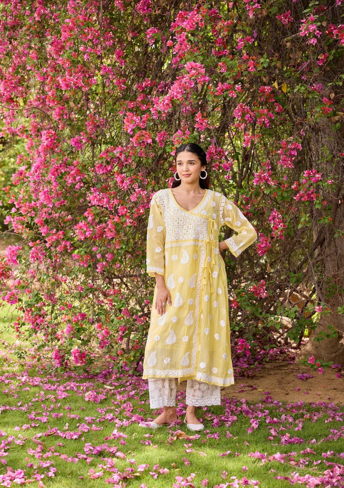 HOC Nazakat Kota Chikankari Solid Women's Angrakha With Inner - Yellow - Healthber